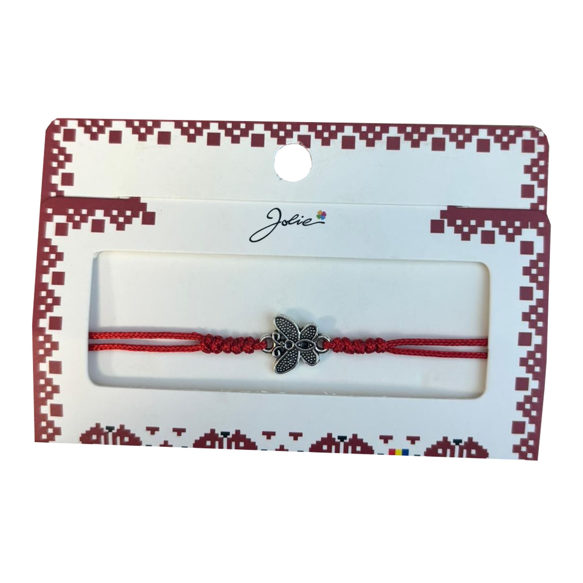 Martisor tip Bratara cu Pandantiv Metalic, Jolie, cu Snur Textil Rosu Impletit, Model Fluture, Dimensiune Reglabila, Ambalata Individual