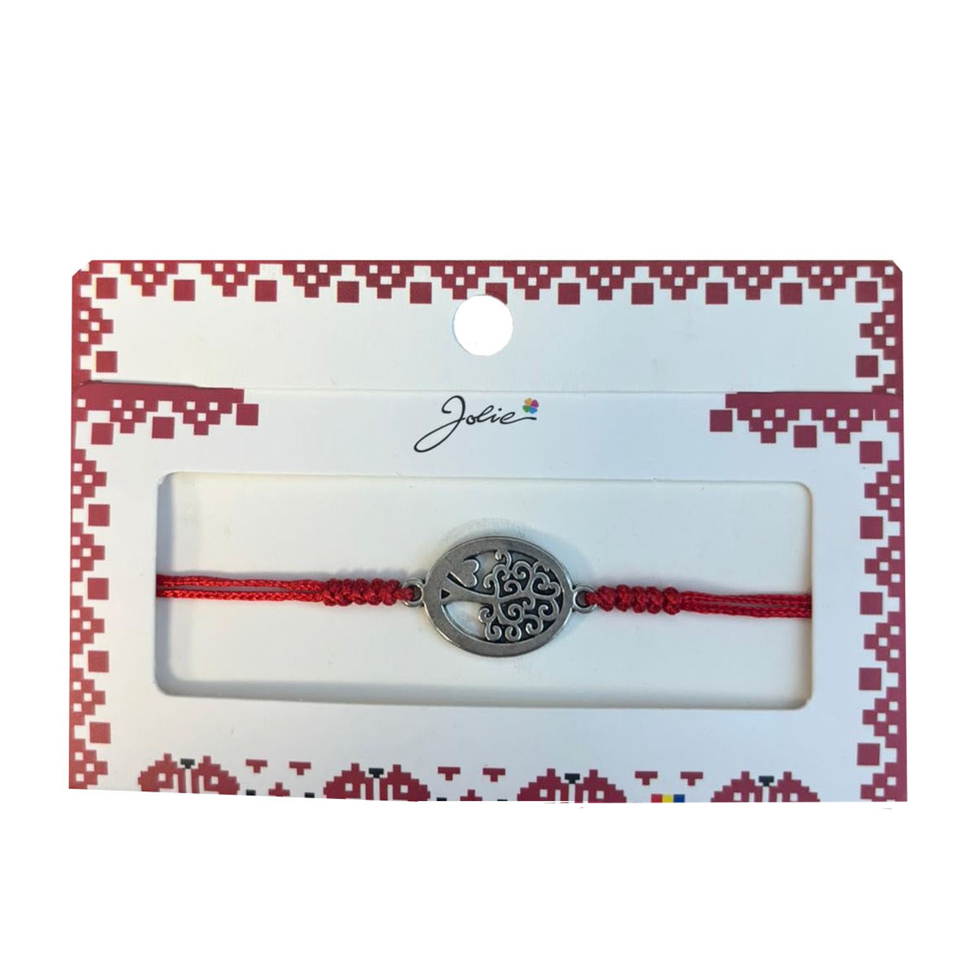 Martisor tip Bratara cu Pandantiv Metalic, Jolie, cu Snur Textil Rosu Impletit, Model Pomul Vietii, Dimensiune Reglabila, Ambalata Individual