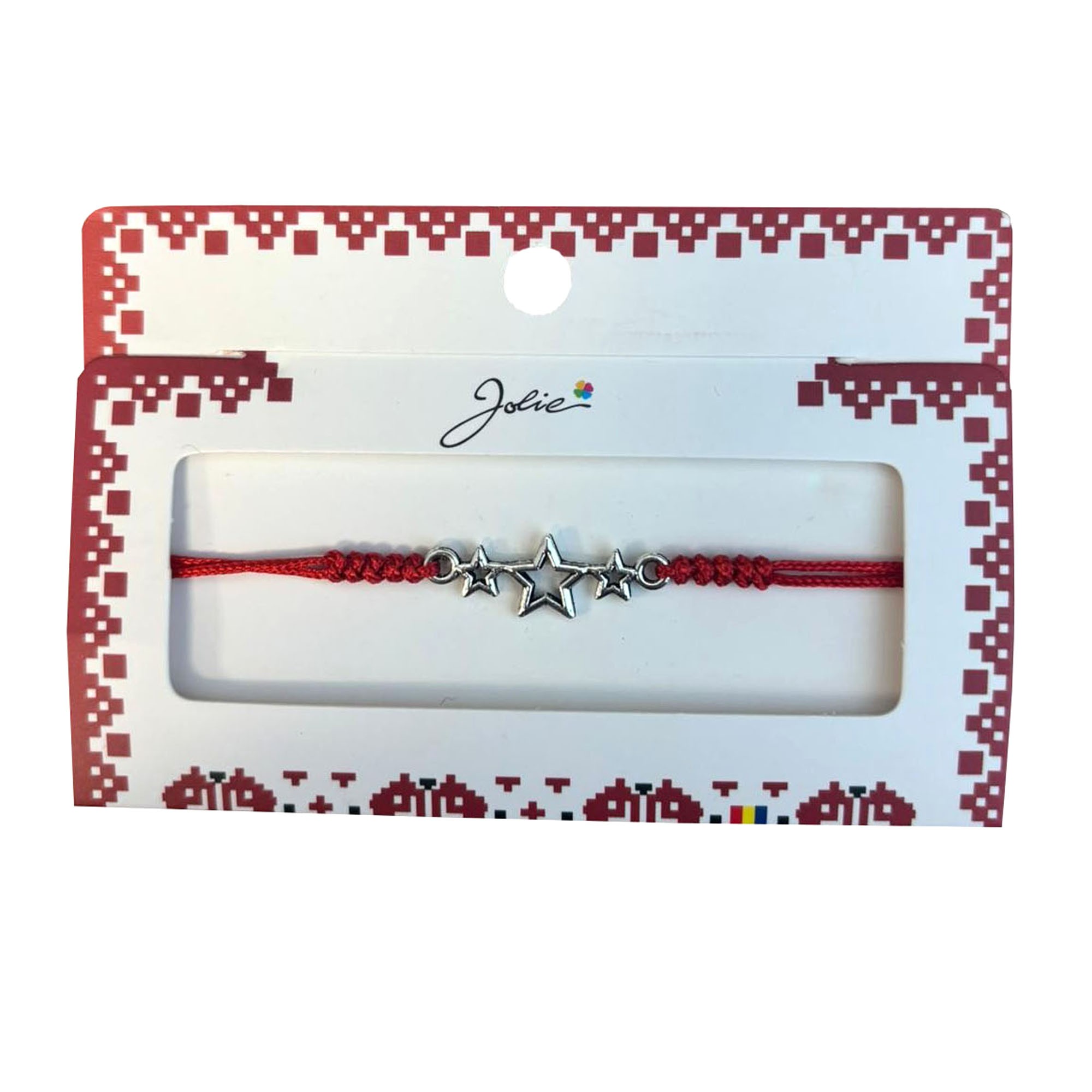 Martisor tip Bratara cu Pandantiv Metalic, Jolie, cu Snur Textil Rosu Impletit, Model Stelute, Dimensiune Reglabila, Ambalata Individual