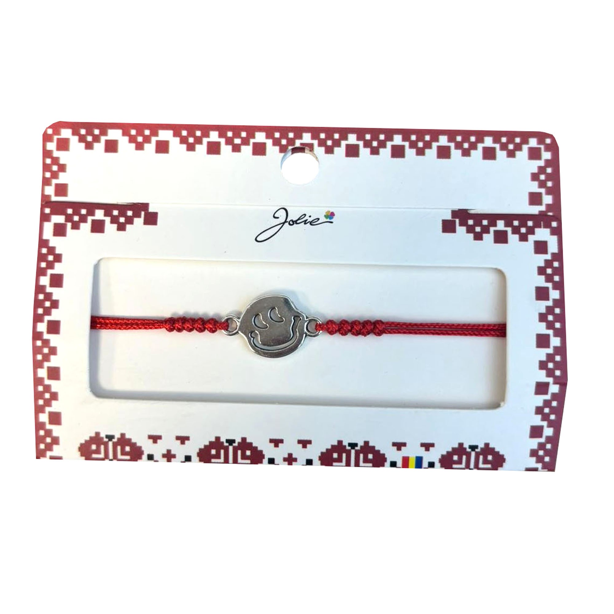 Martisor tip Bratara cu Pandantiv Metalic, Jolie, cu Snur Textil Rosu Impletit, Model Fata Zambitoare, Dimensiune Reglabila, Ambalata Individual