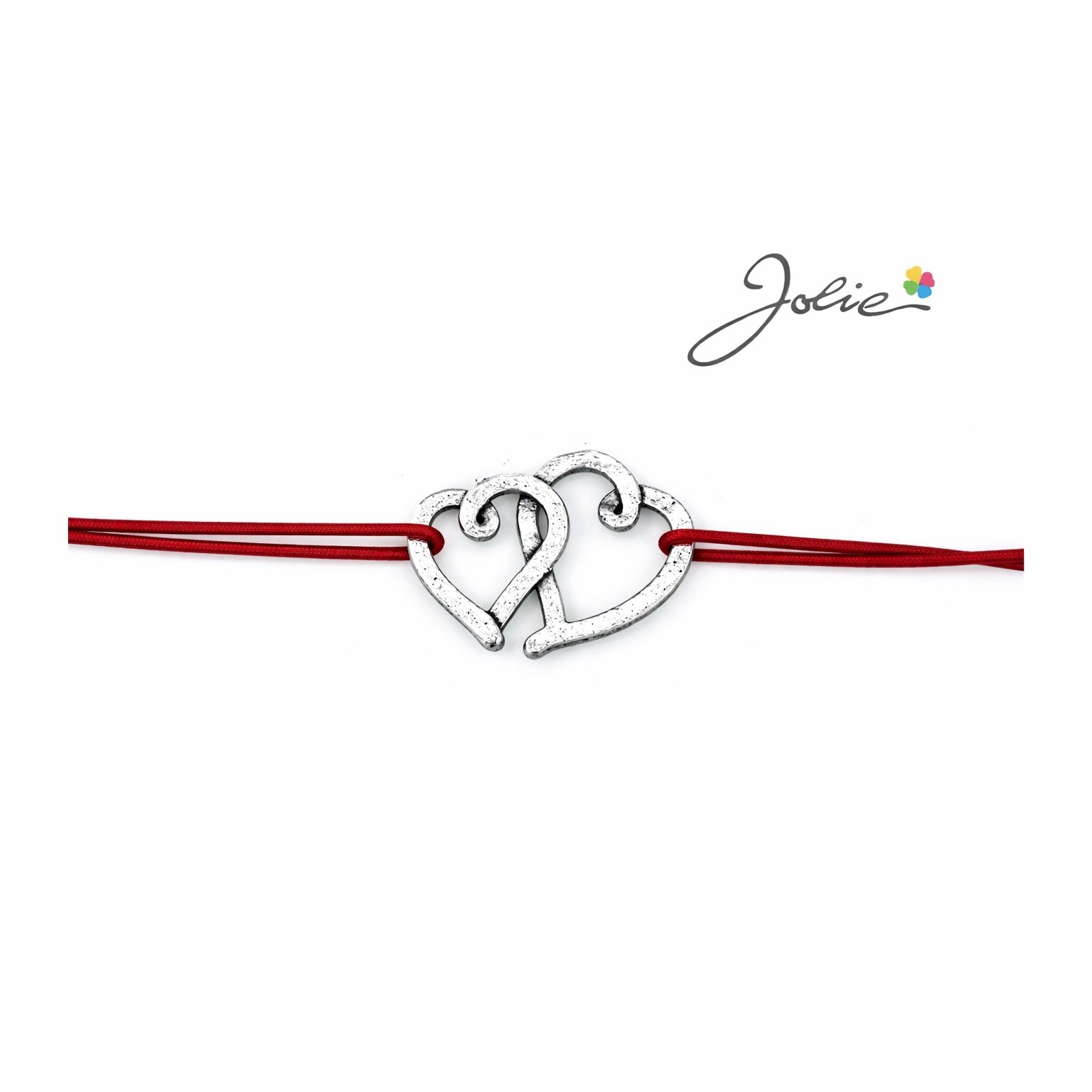 Martisor tip Bratara cu Pandantiv Metalic, Jolie, Snur Textil Rosu, Model Doua Inimi, Dimensiune Reglabila, Nod Dublu, Ambalata Individual