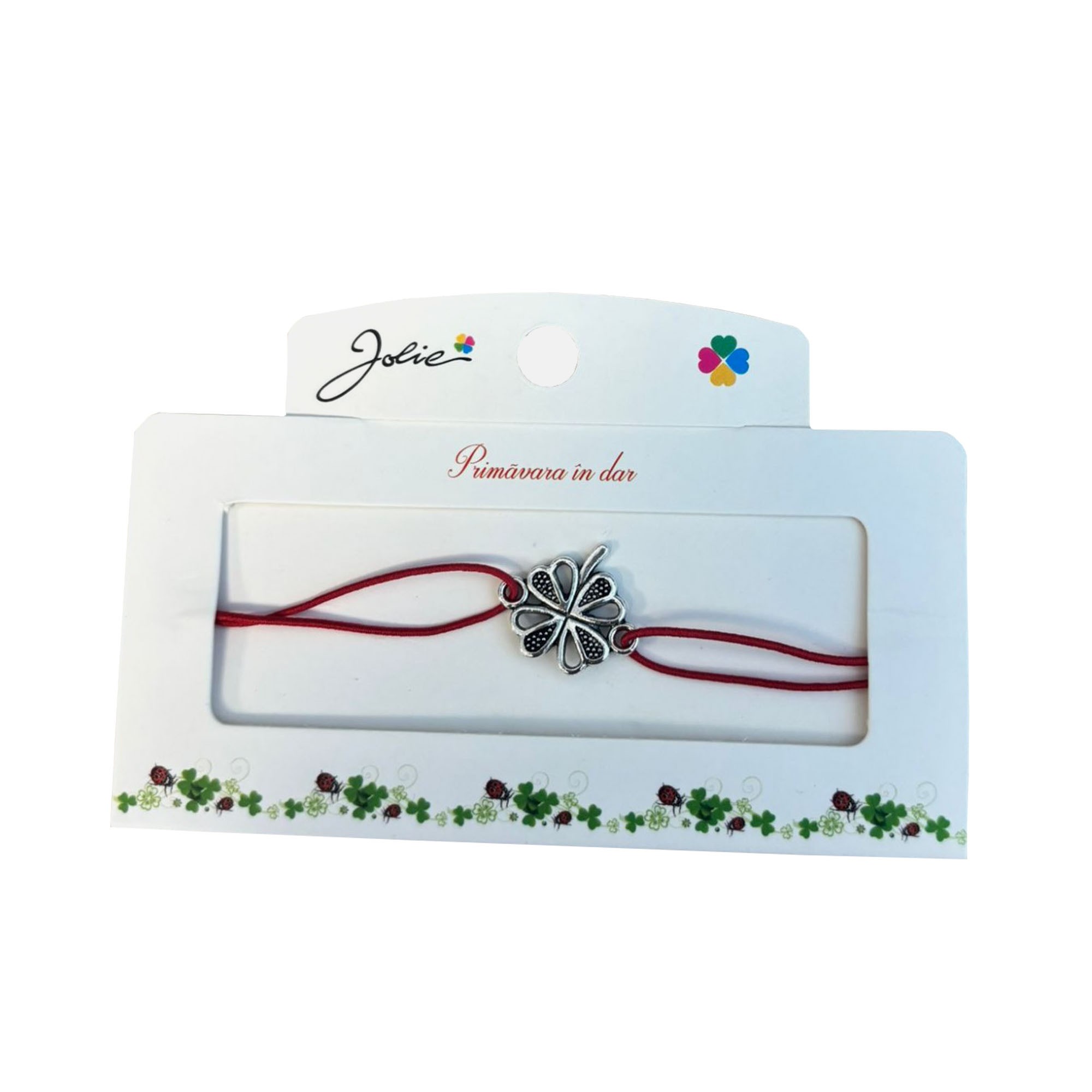 Martisor tip Bratara cu Pandantiv Metalic, Jolie, Snur Textil Rosu, Model Trifoi Inimi, Dimensiune Reglabila, Nod Dublu, Ambalata Individual