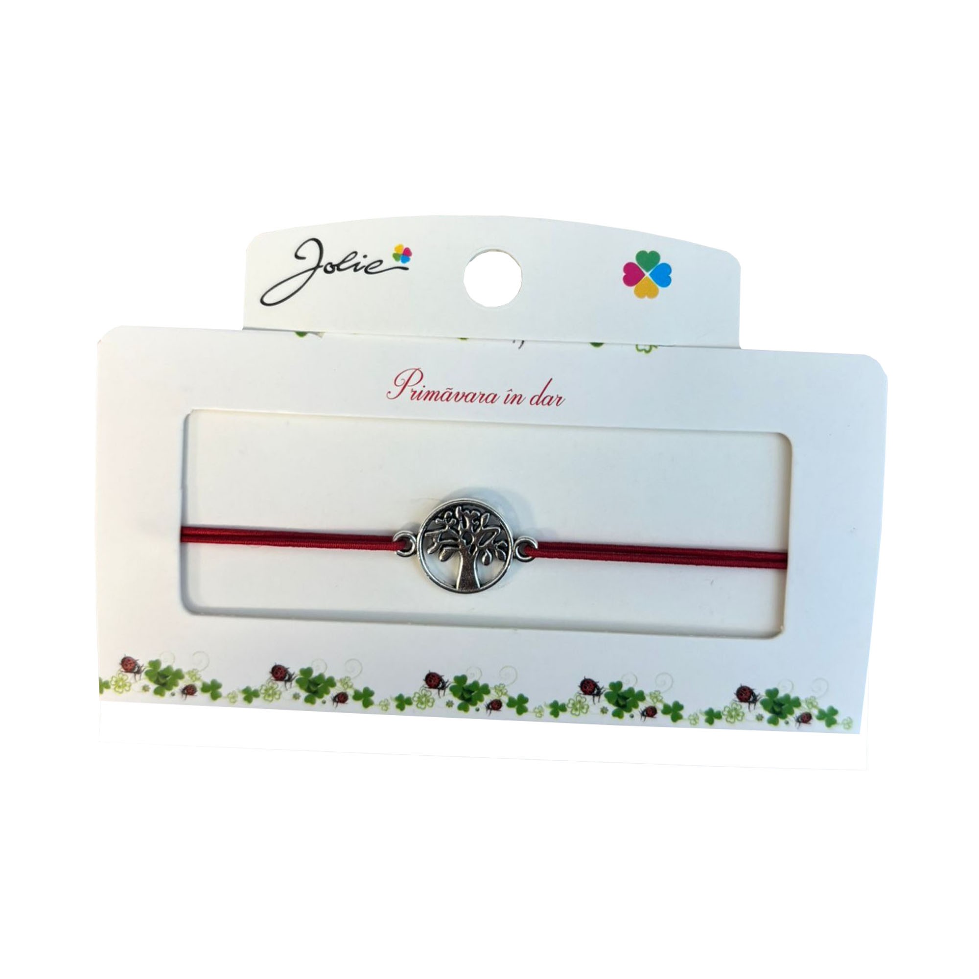 Martisor tip Bratara cu Pandantiv Metalic, Jolie, Snur Textil Rosu, Model Pomul Vietii Traditional, Dimensiune Reglabila, Nod Dublu, Ambalata Individual