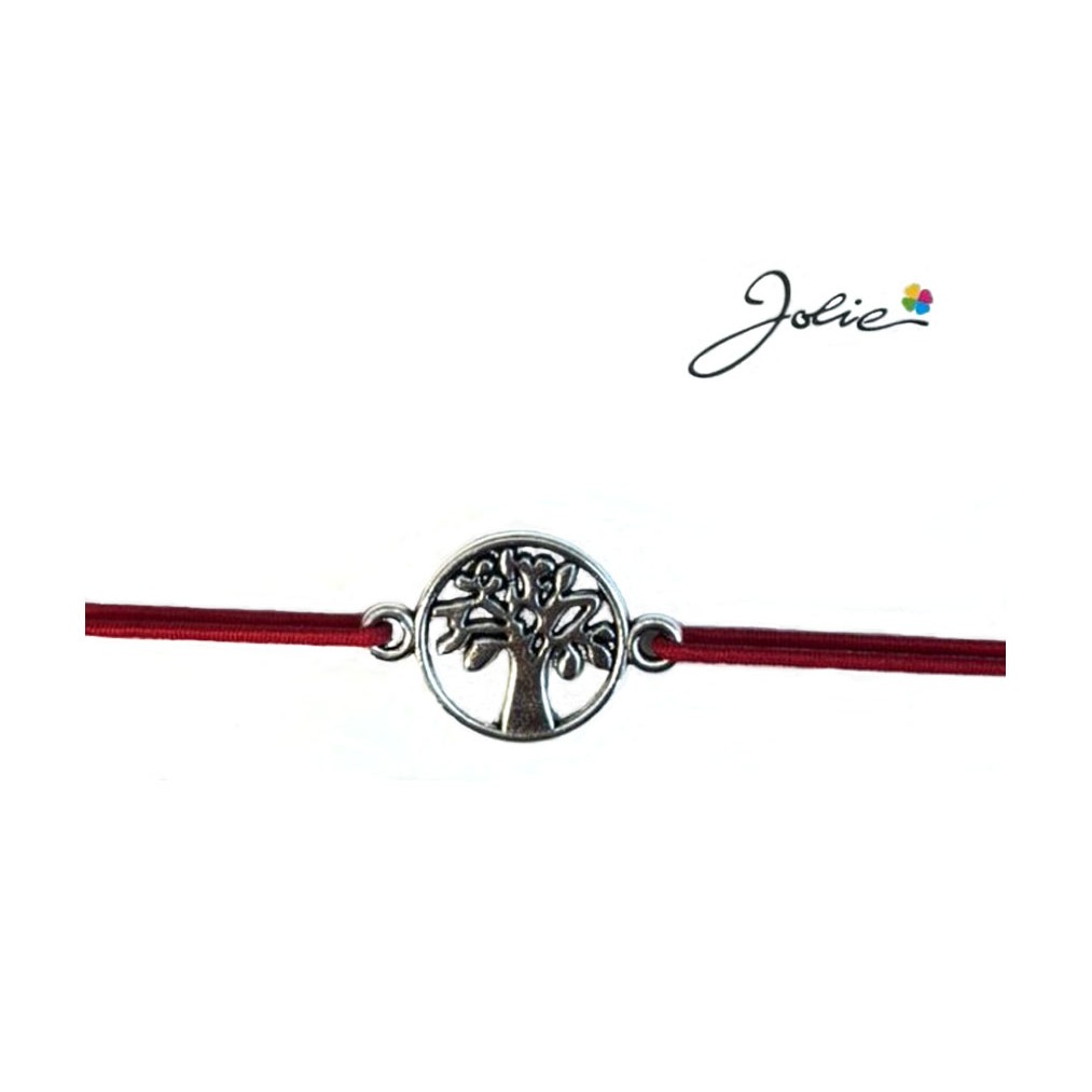 Martisor tip Bratara cu Pandantiv Metalic, Jolie, Snur Textil Rosu, Model Pomul Vietii Traditional, Dimensiune Reglabila, Nod Dublu, Ambalata Individual