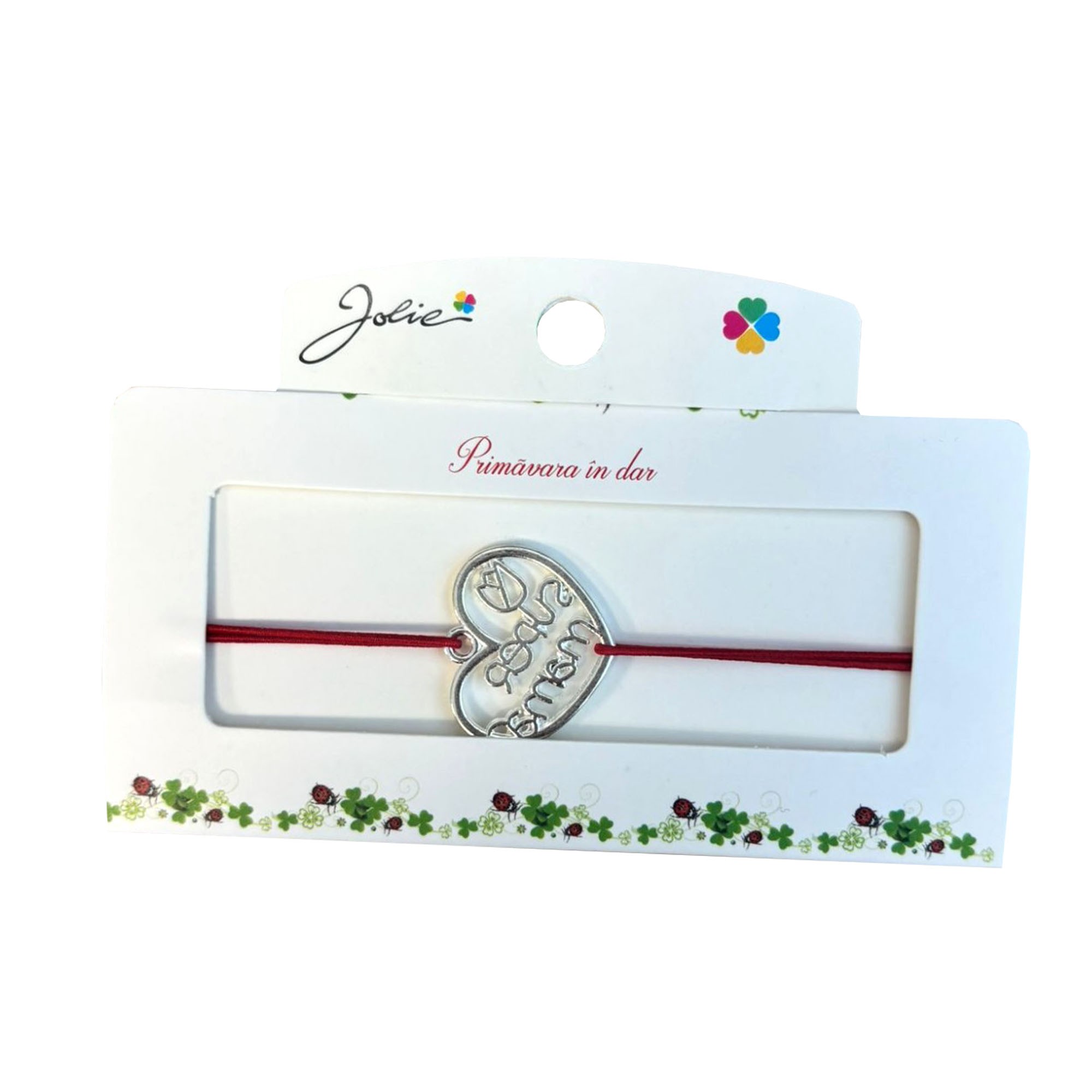 Martisor tip Bratara cu Pandantiv Metalic, Jolie, Snur Textil Rosu, Model Inima Super Mama, Dimensiune Reglabila, Nod Dublu, Ambalata Individual