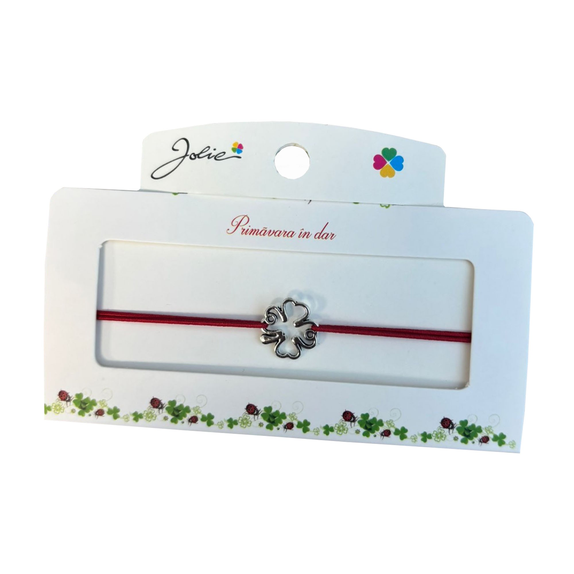 Martisor tip Bratara cu Pandantiv Metalic, Jolie, Snur Textil Rosu, Model Trifoi Contur, Dimensiune Reglabila, Nod Dublu, Ambalata Individual