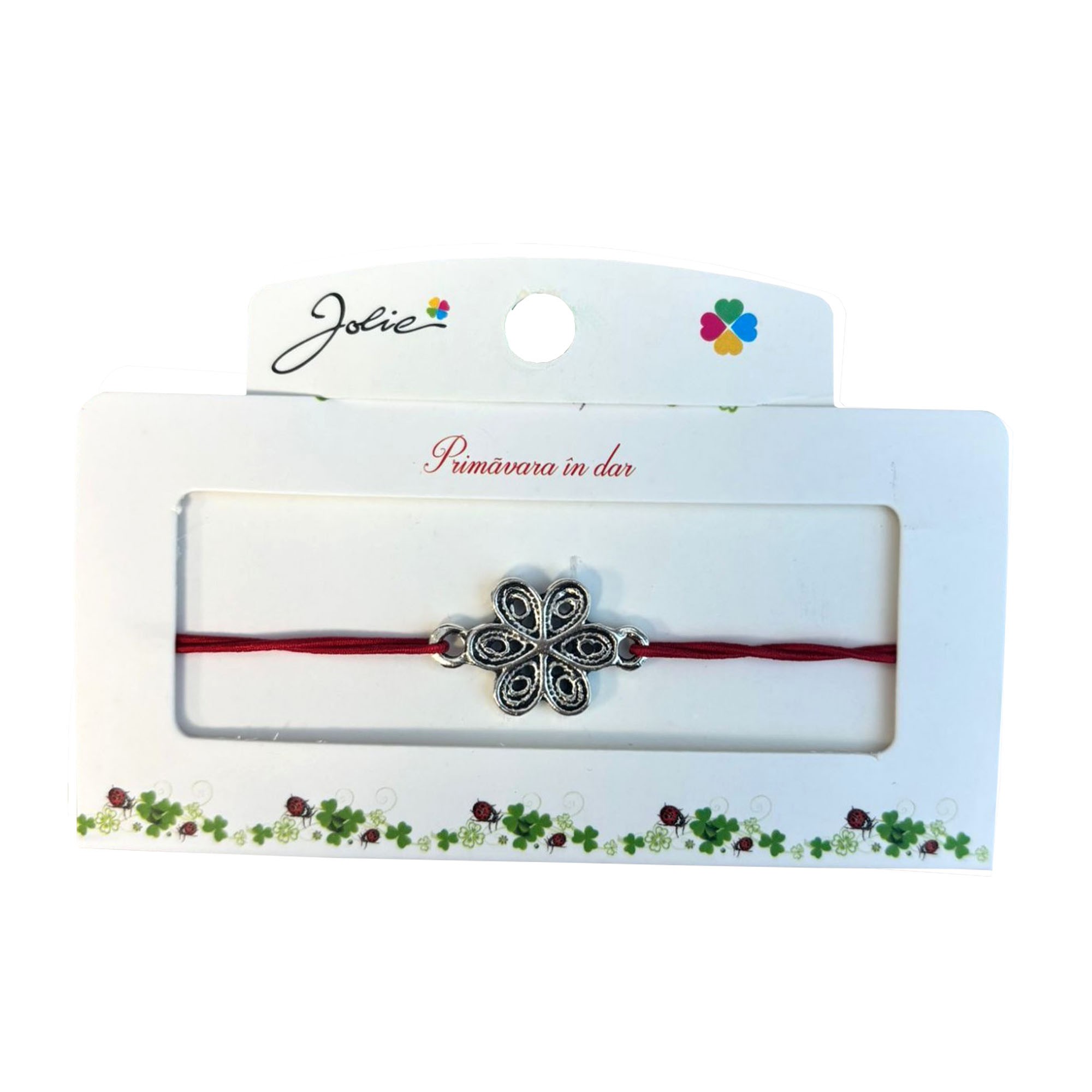 Martisor tip Bratara cu Pandantiv Metalic, Jolie, Snur Textil Rosu, Model Floare, Dimensiune Reglabila, Nod Dublu, Ambalata Individual