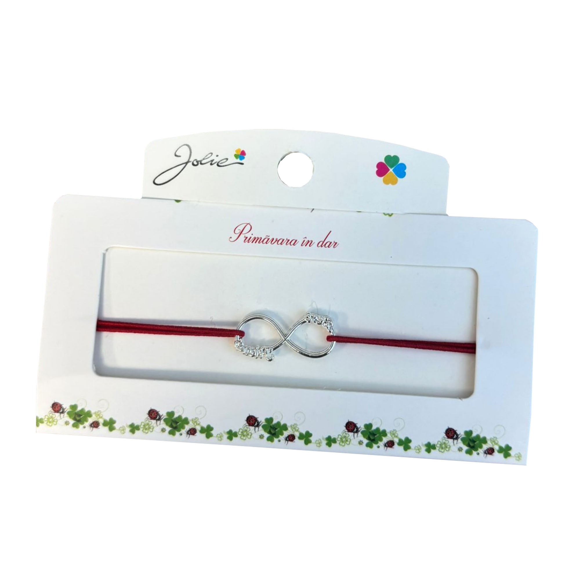 Martisor tip Bratara cu Pandantiv Metalic, Jolie, Snur Textil Rosu, Model Infinit, Dimensiune Reglabila, Nod Dublu, Ambalata Individual