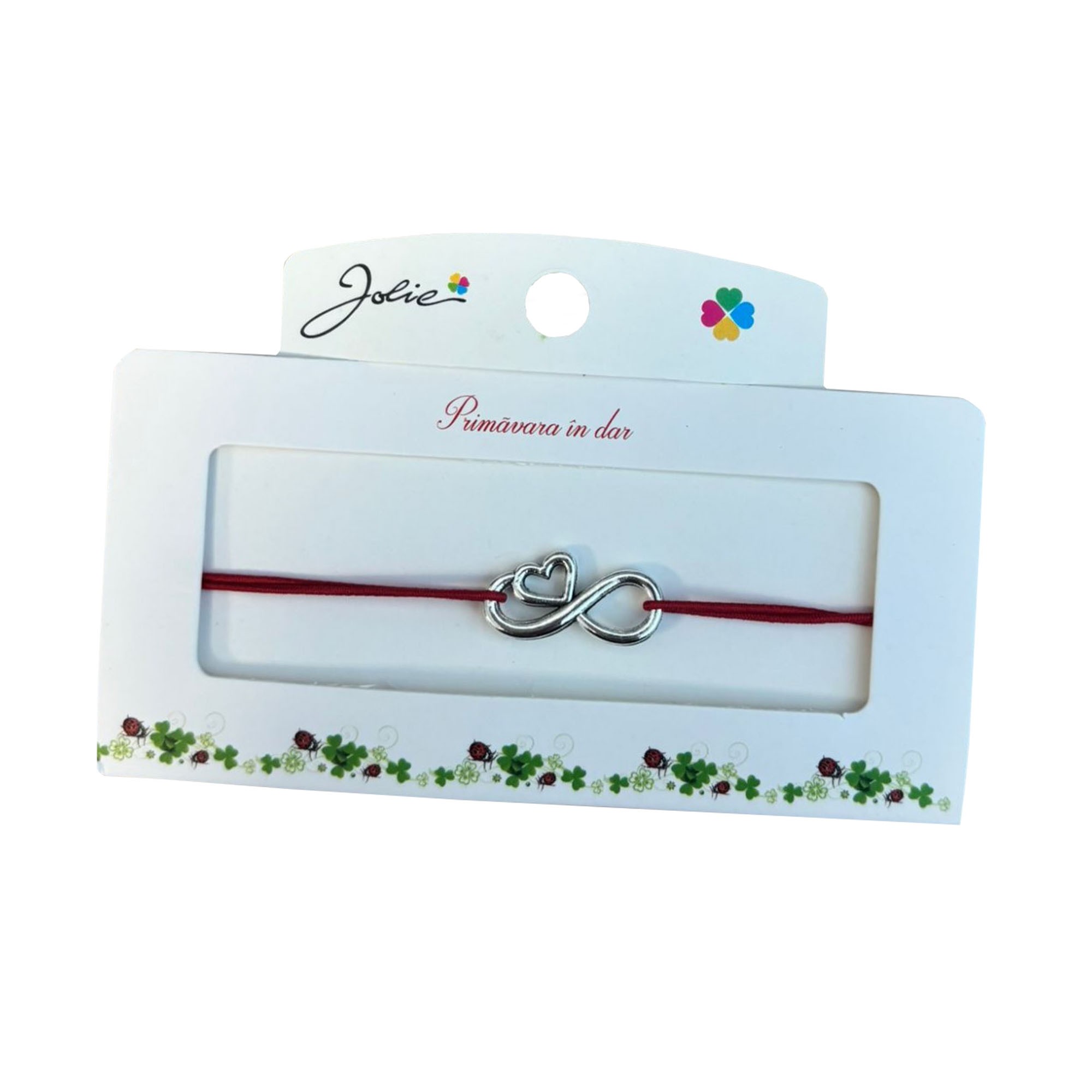 Martisor tip Bratara cu Pandantiv Metalic, Jolie, Snur Textil Rosu, Model Infinit Inima, Dimensiune Reglabila, Nod Dublu, Ambalata Individual