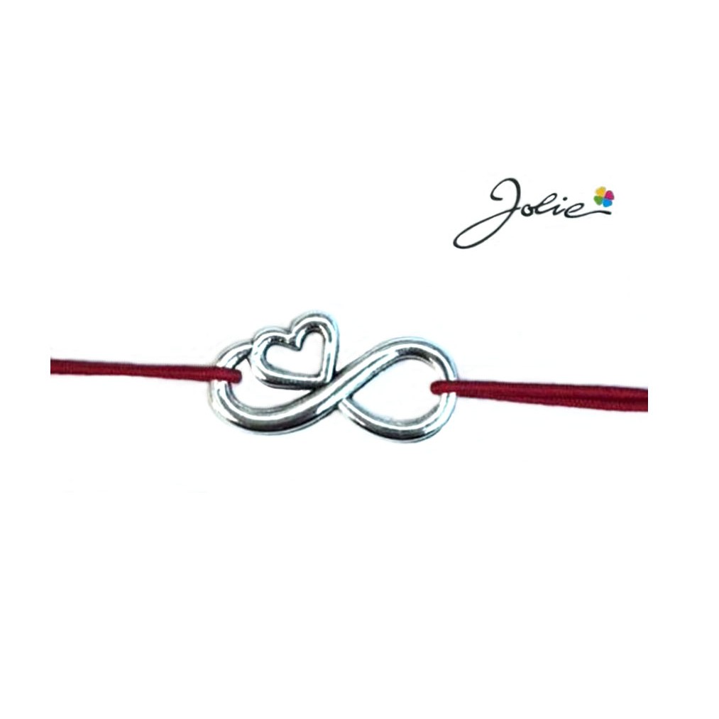Martisor tip Bratara cu Pandantiv Metalic, Jolie, Snur Textil Rosu, Model Infinit Inima, Dimensiune Reglabila, Nod Dublu, Ambalata Individual