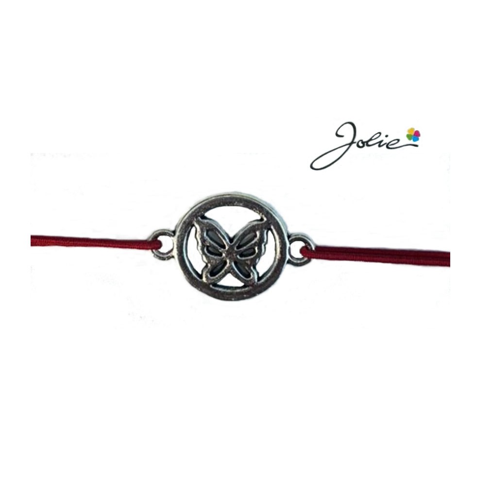 Martisor tip Bratara cu Pandantiv Metalic, Jolie, Snur Textil Rosu, Model Fluture Cerc, Dimensiune Reglabila, Nod Dublu, Ambalata Individual