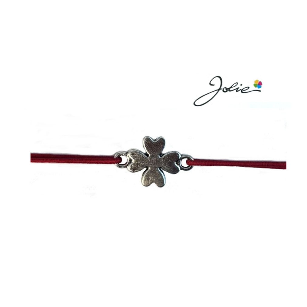 Martisor tip Bratara cu Pandantiv Metalic, Jolie, Snur Textil Rosu, Model Trifoi cu Patru Foi, Dimensiune Reglabila, Nod Dublu, Ambalata Individual