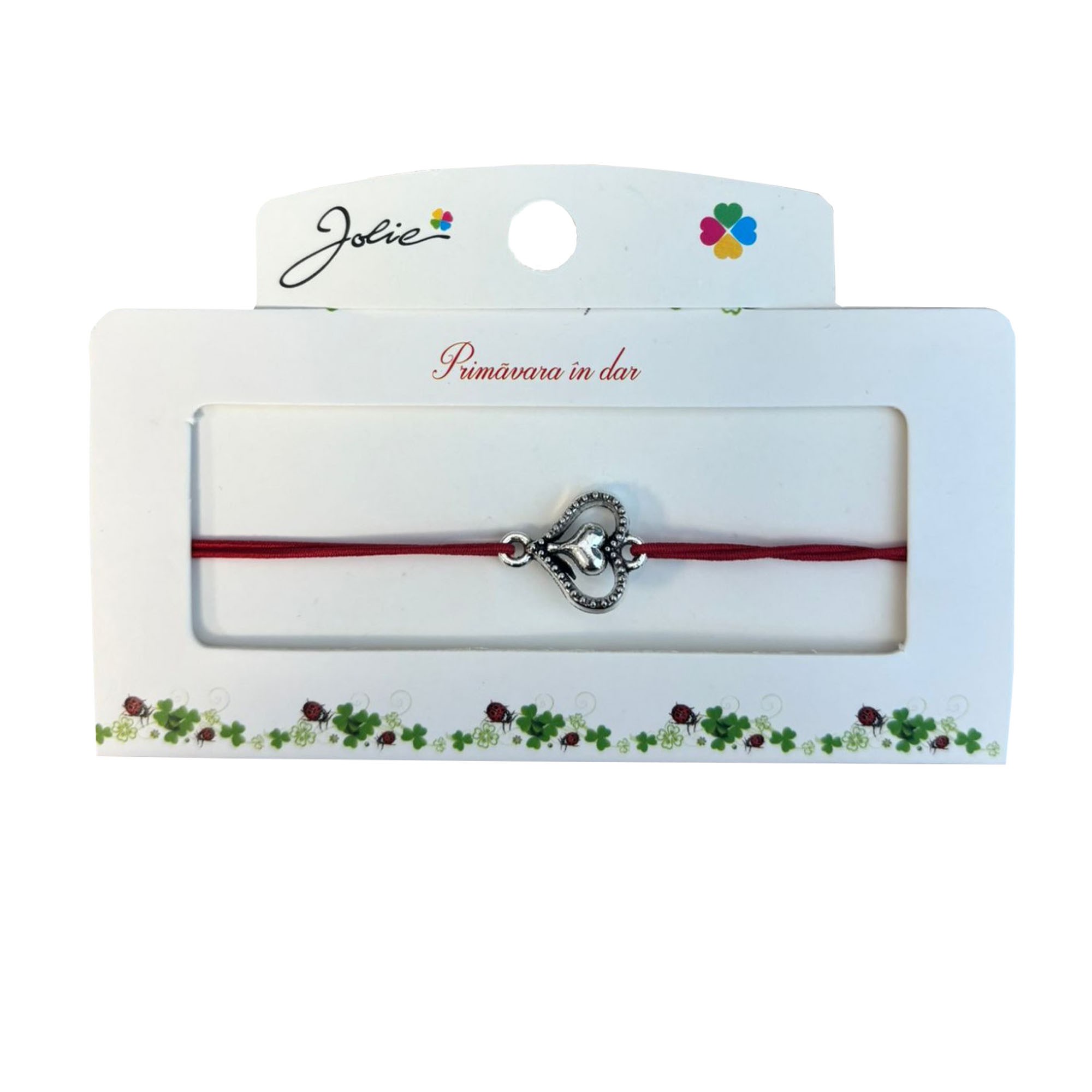 Martisor tip Bratara cu Pandantiv Metalic, Jolie, Snur Textil Rosu, Model Inima Stilizata, Dimensiune Reglabila, Nod Dublu, Ambalata Individual