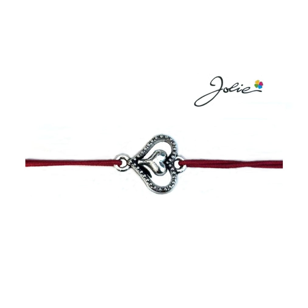 Martisor tip Bratara cu Pandantiv Metalic, Jolie, Snur Textil Rosu, Model Inima Stilizata, Dimensiune Reglabila, Nod Dublu, Ambalata Individual