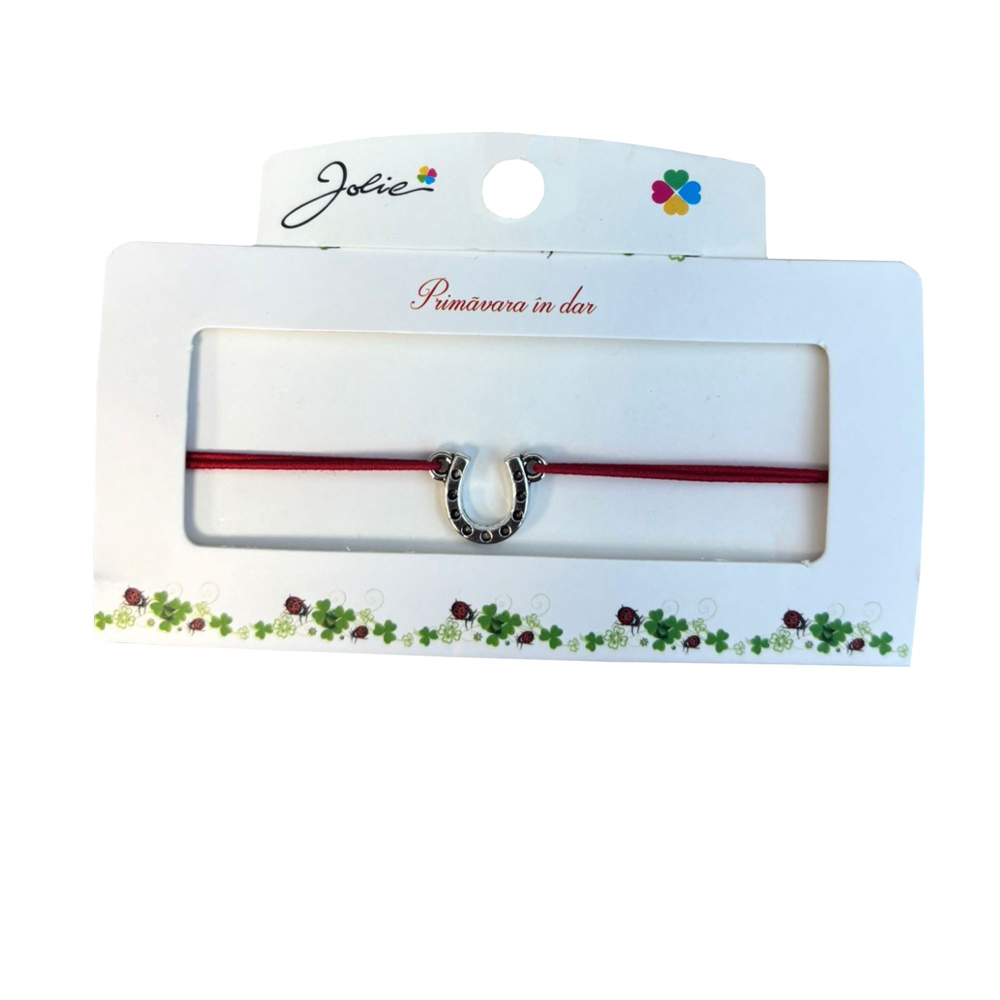 Martisor tip Bratara cu Pandantiv Metalic, Jolie, Snur Textil Rosu, Model Potcoava Puncte, Dimensiune Reglabila, Nod Dublu, Ambalata Individual