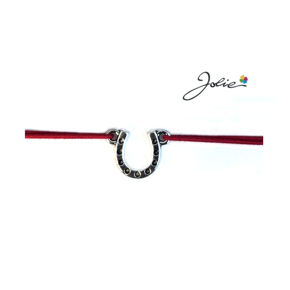 Martisor tip Bratara cu Pandantiv Metalic, Jolie, Snur Textil Rosu, Model Potcoava Puncte, Dimensiune Reglabila, Nod Dublu, Ambalata Individual