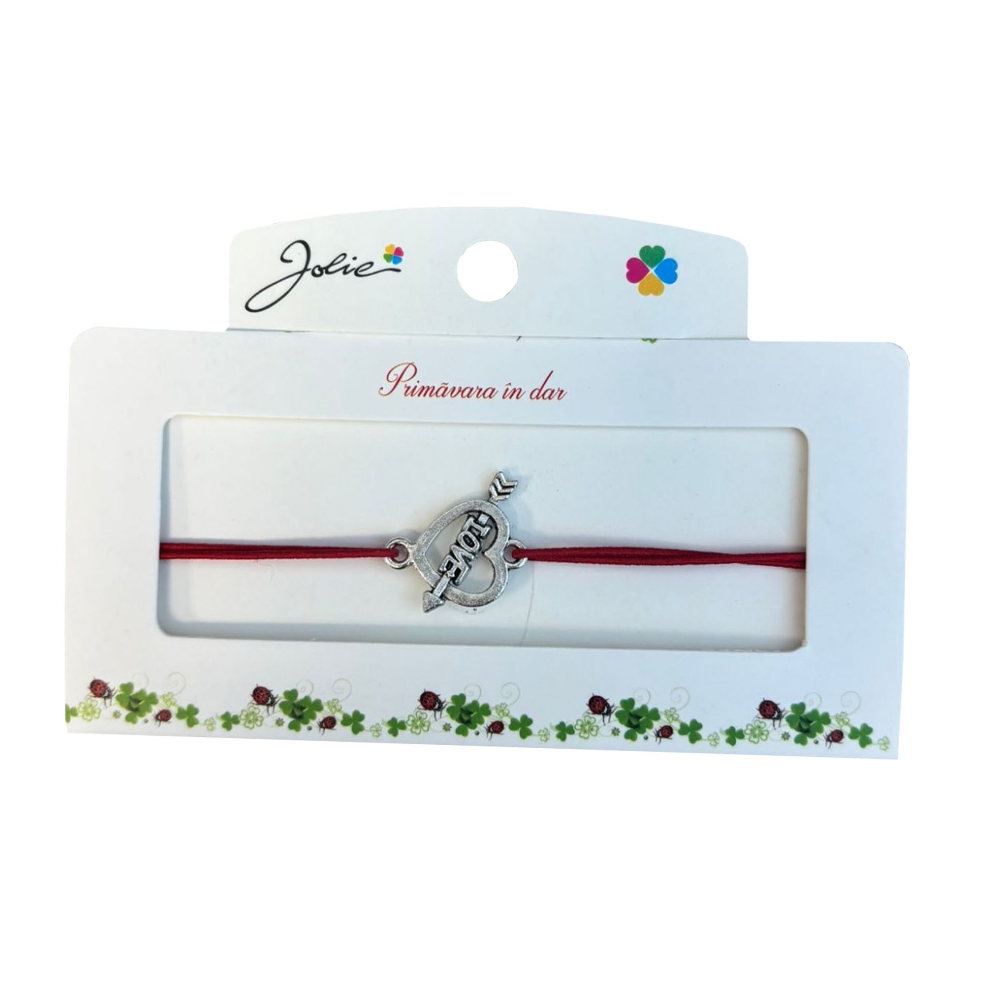 Martisor tip Bratara cu Pandantiv Metalic, Jolie, Snur Textil Rosu, Model Inima Love, Dimensiune Reglabila, Nod Dublu, Ambalata Individual