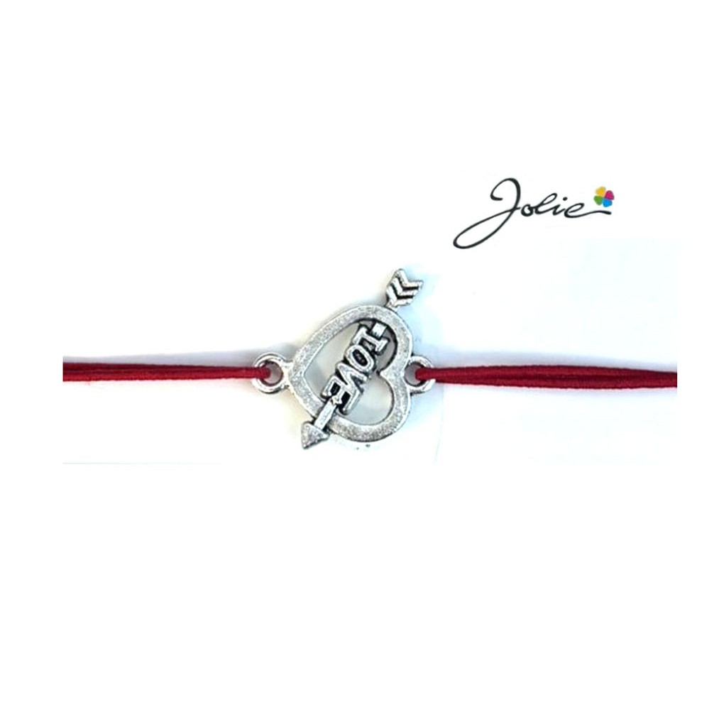 Martisor tip Bratara cu Pandantiv Metalic, Jolie, Snur Textil Rosu, Model Inima Love, Dimensiune Reglabila, Nod Dublu, Ambalata Individual