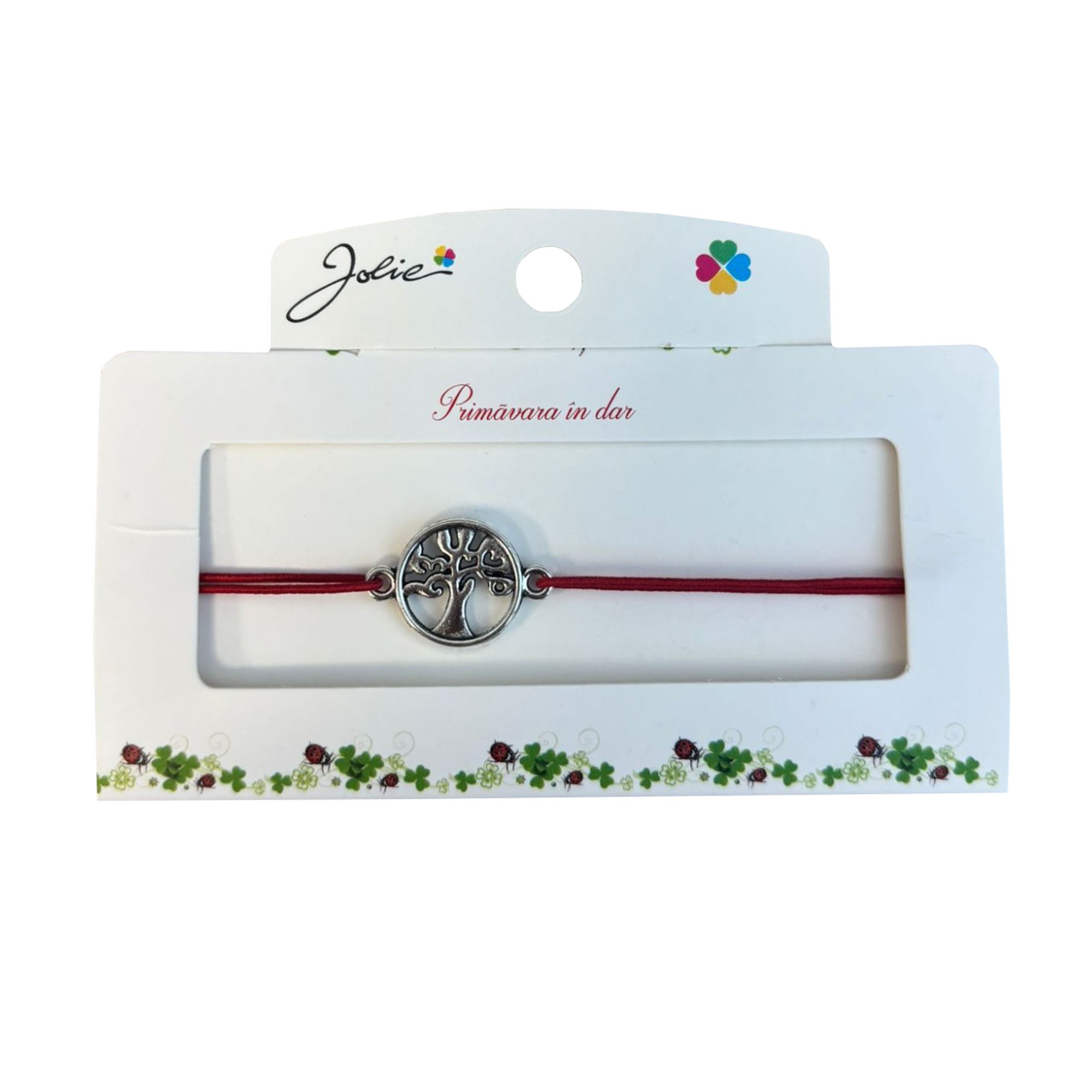 Martisor tip Bratara cu Pandantiv Metalic, Jolie, Snur Textil Rosu, Model Copacul Vietii Elegant, Dimensiune Reglabila, Nod Dublu, Ambalata Individual