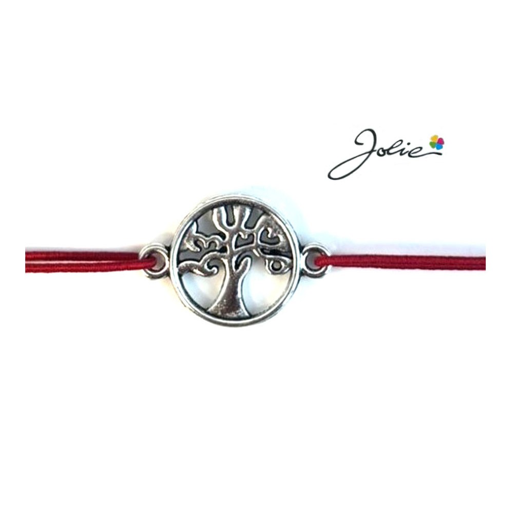 Martisor tip Bratara cu Pandantiv Metalic, Jolie, Snur Textil Rosu, Model Copacul Vietii Elegant, Dimensiune Reglabila, Nod Dublu, Ambalata Individual