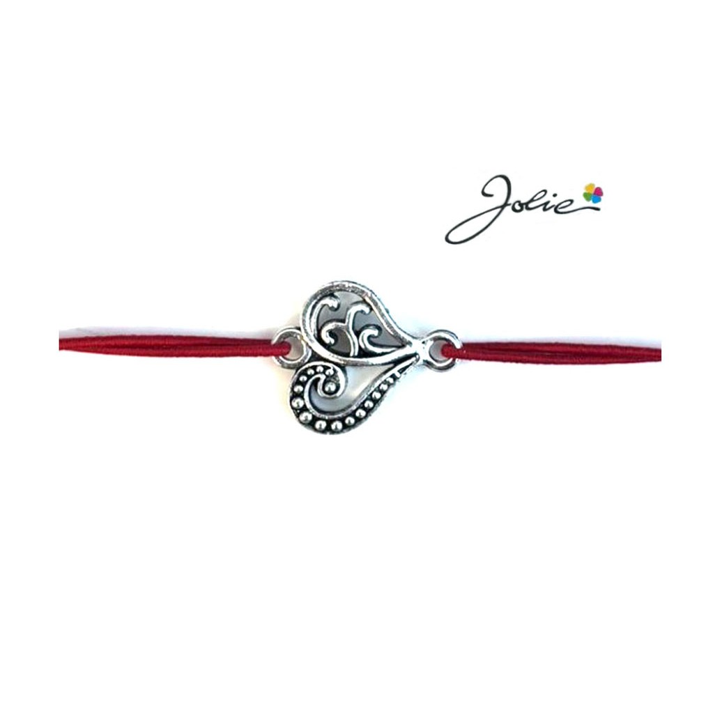 Martisor tip Bratara cu Pandantiv Metalic, Jolie, Snur Textil Rosu, Model Inima Eleganta, Dimensiune Reglabila, Nod Dublu, Ambalata Individual