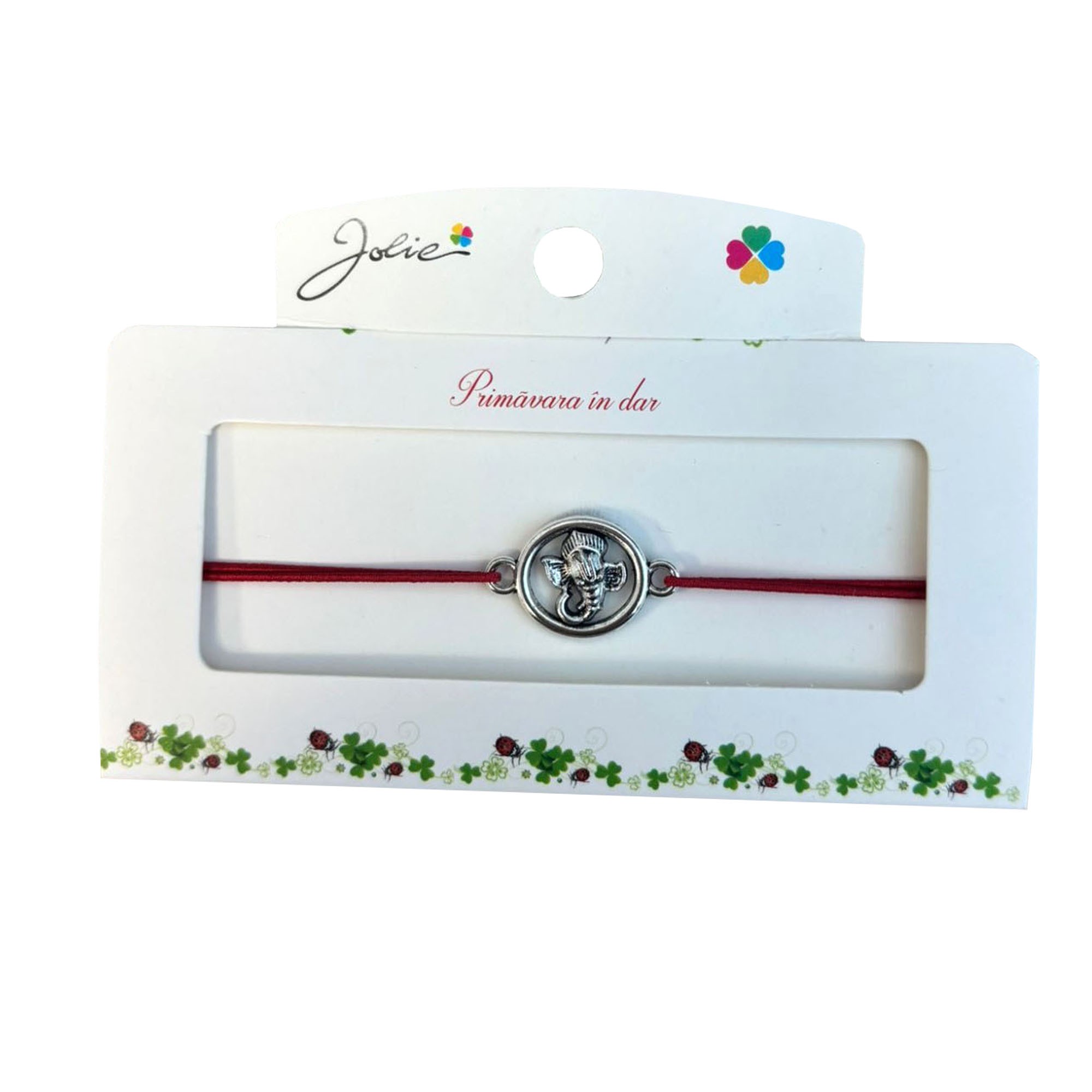 Martisor tip Bratara cu Pandantiv Metalic, Jolie, Snur Textil Rosu, Model Ganesha Cerc, Dimensiune Reglabila, Nod Dublu, Ambalata Individual