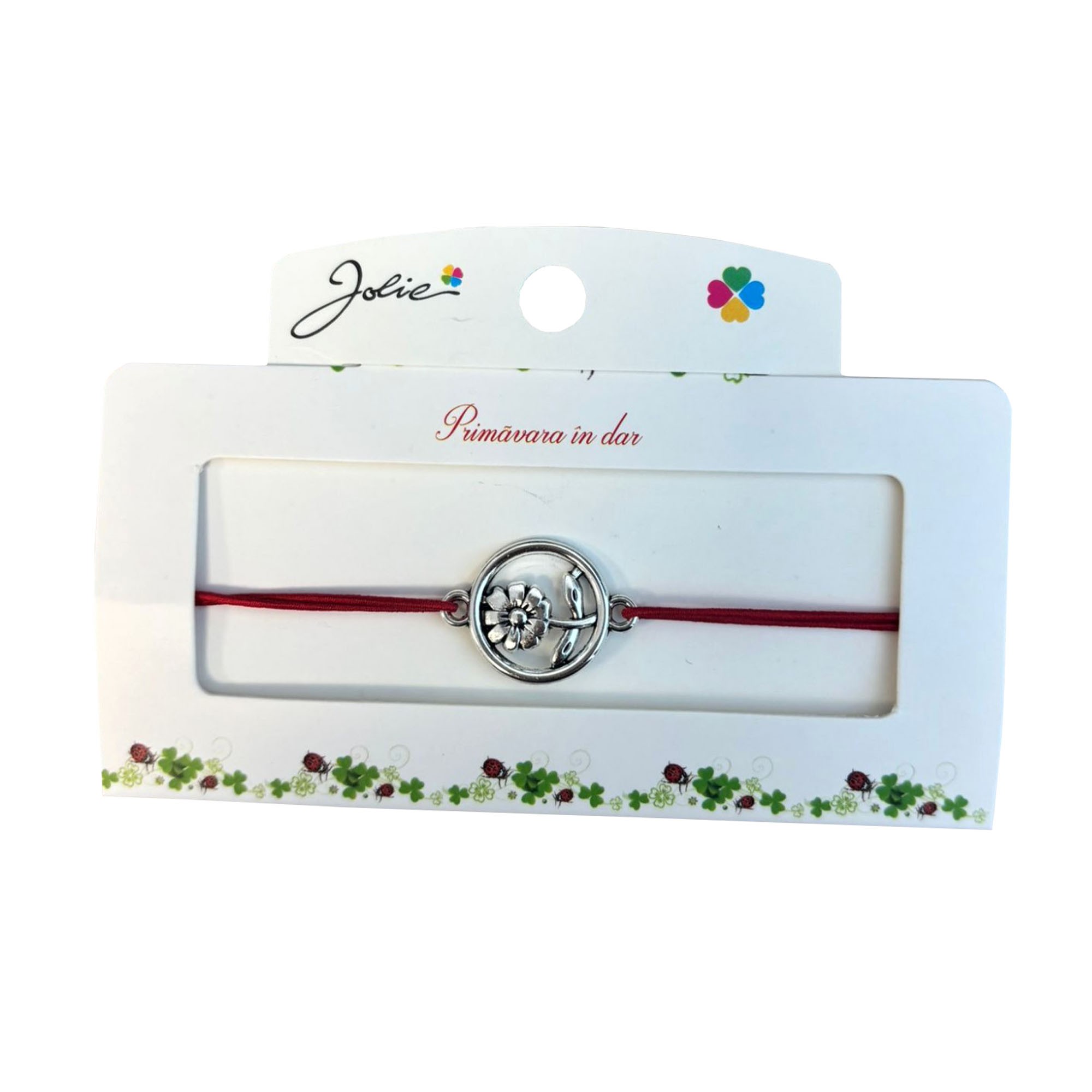 Martisor tip Bratara cu Pandantiv Metalic, Jolie, Snur Textil Rosu, Model Floare Cerc, Dimensiune Reglabila, Nod Dublu, Ambalata Individual