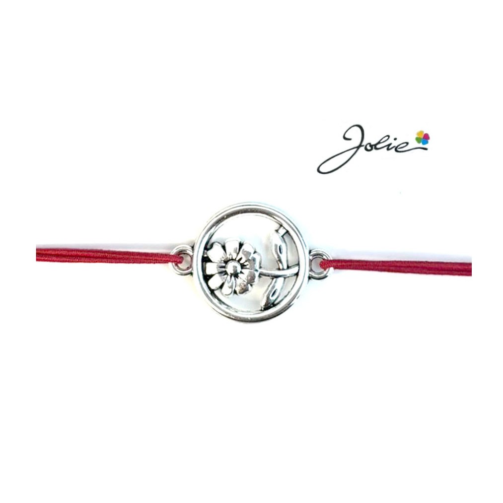 Martisor tip Bratara cu Pandantiv Metalic, Jolie, Snur Textil Rosu, Model Floare Cerc, Dimensiune Reglabila, Nod Dublu, Ambalata Individual