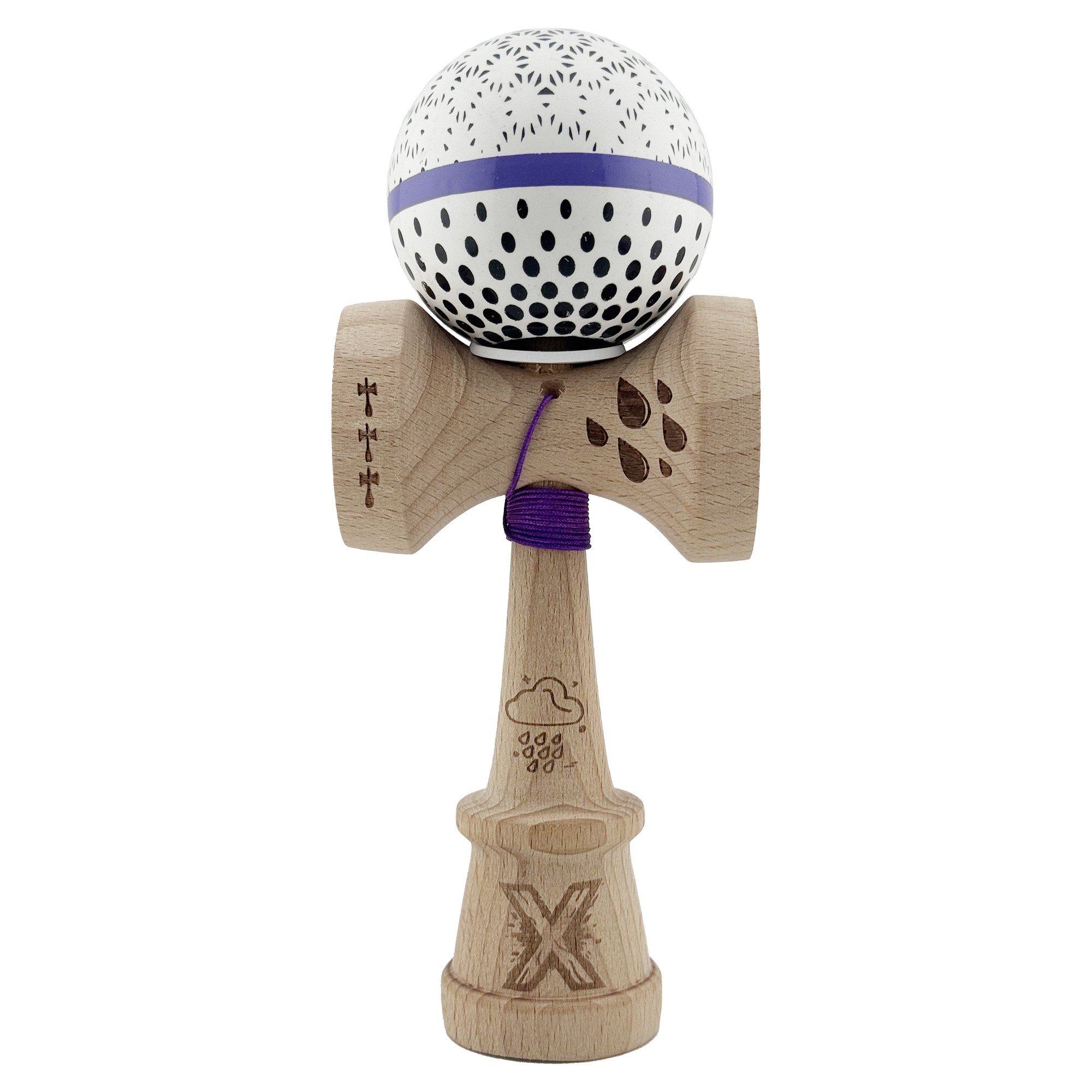 Kendama X Originala, Profesionala, Flippy, RAINDROPS, Super Sticky cu Cupe Mari KING SIZE V3, Gaura in Baza, Rulment Metalic, din lemn 18 cm, Ata 62/65 cm, Alb/Albastru