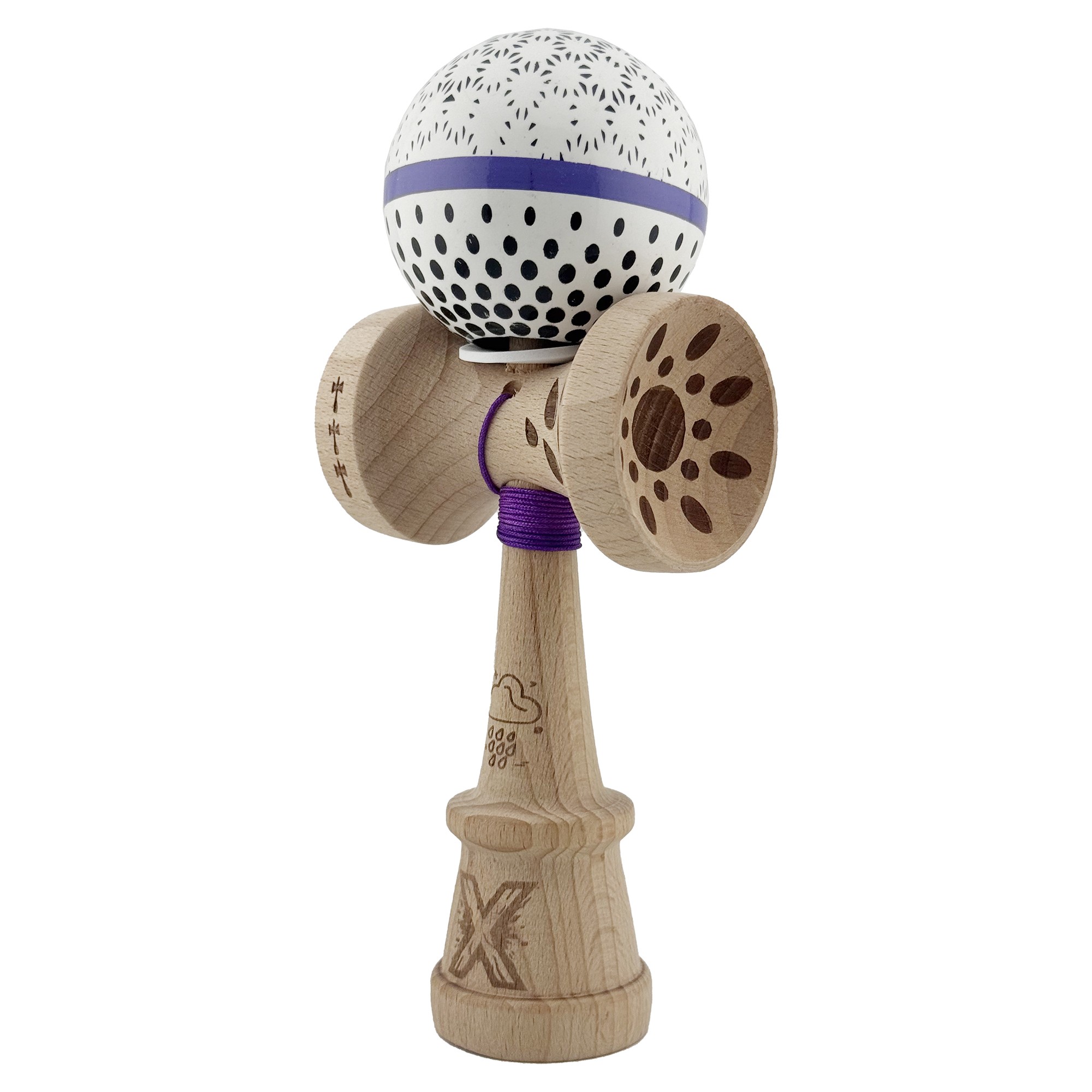 Kendama X Originala, Profesionala, Flippy, RAINDROPS, Super Sticky cu Cupe Mari KING SIZE V3, Gaura in Baza, Rulment Metalic, din lemn 18 cm, Ata 62/65 cm, Alb/Albastru