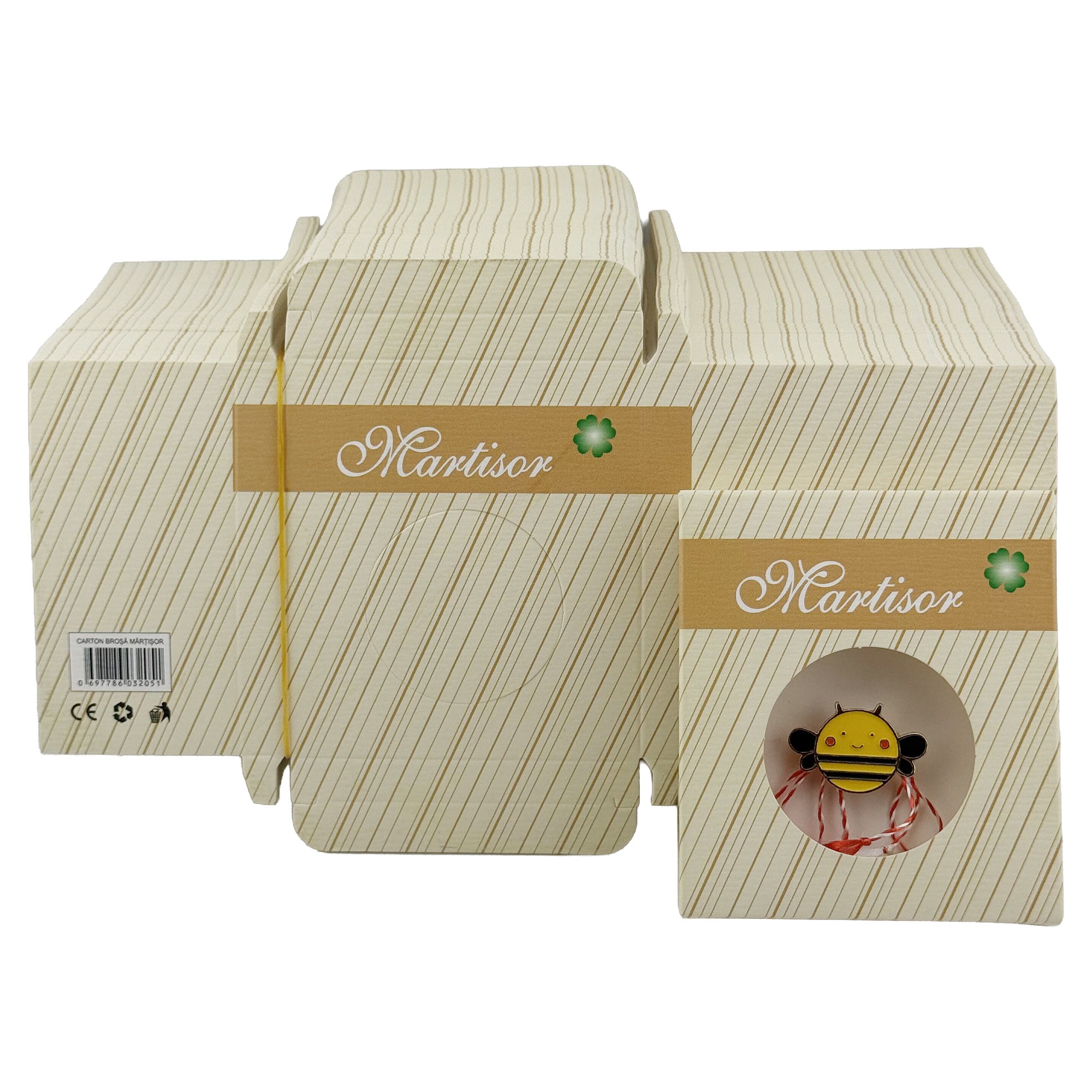 Ambalaje de Carton pentru Martisoare, Flippy, Set 200 Bucati, Cutii pentru Brosa Martisor, Model Crem cu Dungi , 8 x 7 cm, Crem