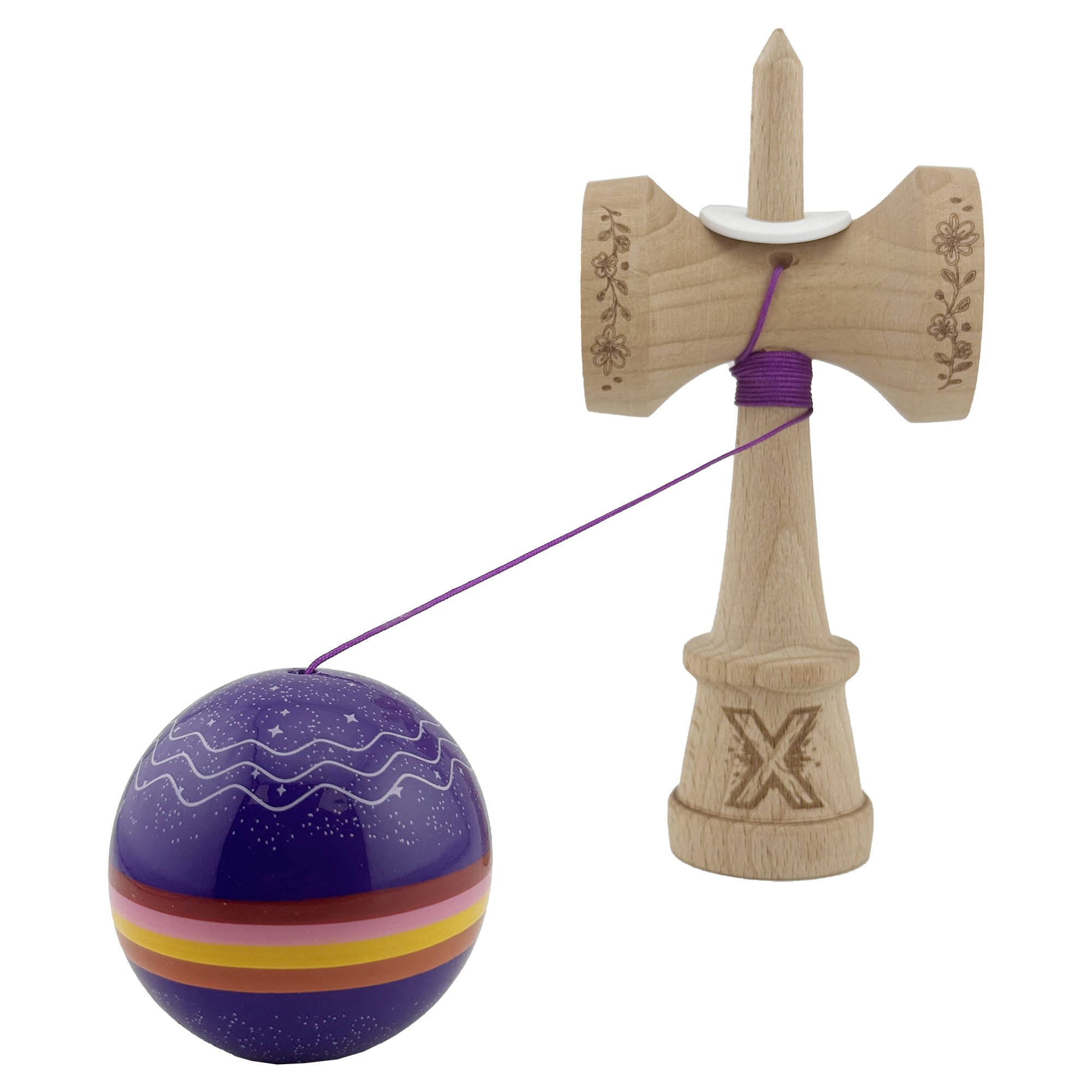 Kendama X Originala, Profesionala, Flippy, NIGHT SKY, Super Sticky cu Cupe Mari KING SIZE V3, Gaura in Baza, Rulment Metalic, din lemn 18 cm, Ata 62/65 cm, Mov