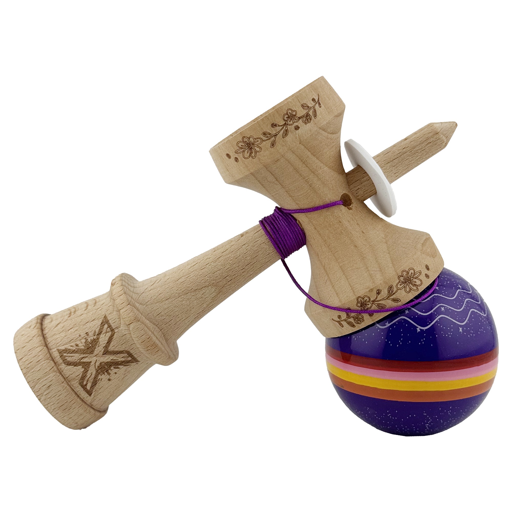 Kendama X Originala, Profesionala, Flippy, NIGHT SKY, Super Sticky cu Cupe Mari KING SIZE V3, Gaura in Baza, Rulment Metalic, din lemn 18 cm, Ata 62/65 cm, Mov