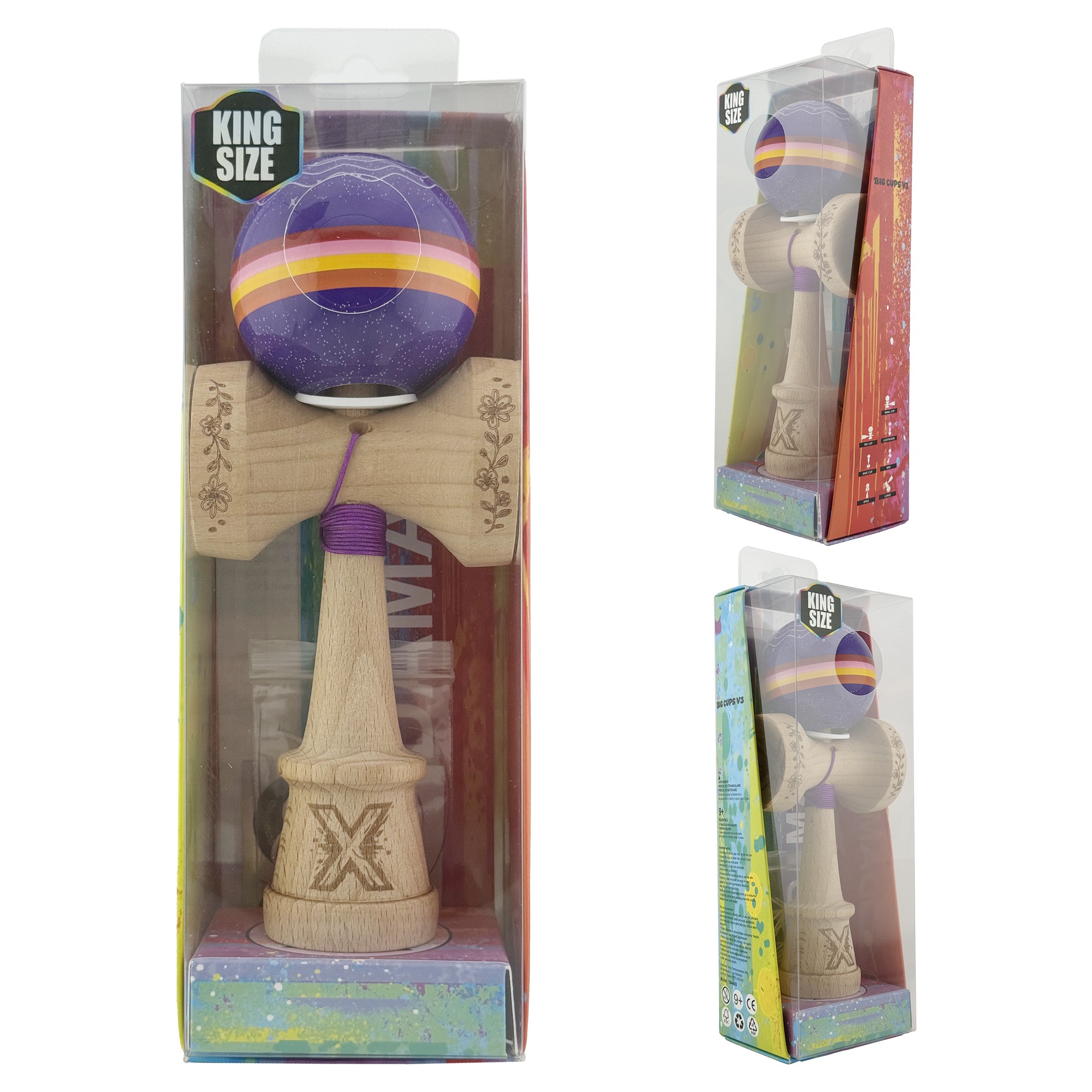 Kendama X Originala, Profesionala, Flippy, NIGHT SKY, Super Sticky cu Cupe Mari KING SIZE V3, Gaura in Baza, Rulment Metalic, din lemn 18 cm, Ata 62/65 cm, Mov