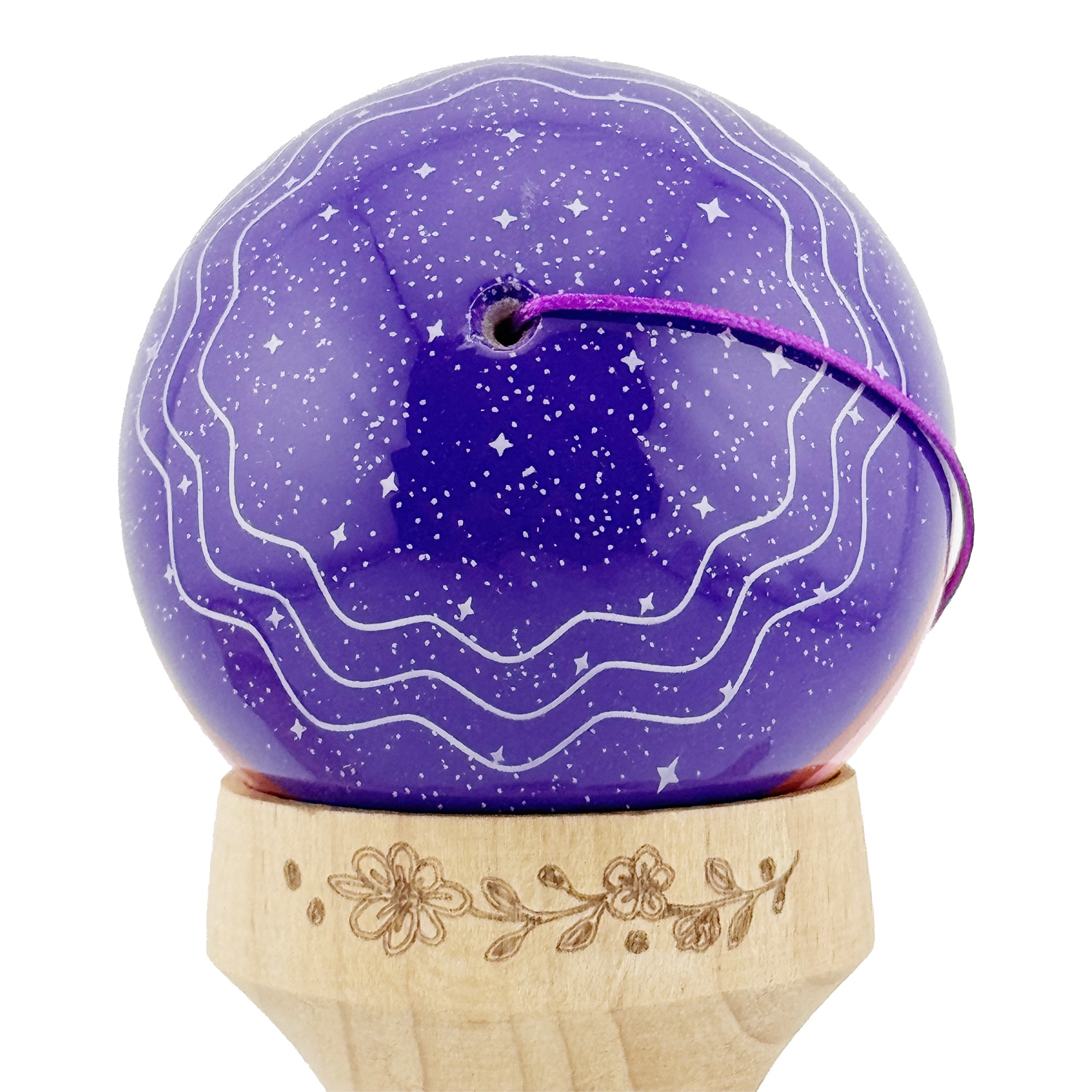 Kendama X Originala, Profesionala, Flippy, NIGHT SKY, Super Sticky cu Cupe Mari KING SIZE V3, Gaura in Baza, Rulment Metalic, din lemn 18 cm, Ata 62/65 cm, Mov