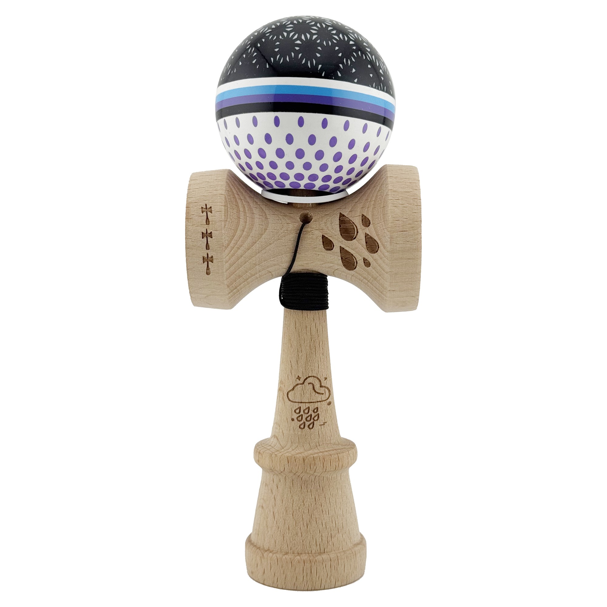 Kendama X Originala, Profesionala, Flippy, RAINDROPS, Super Sticky cu Cupe Mari KING SIZE V3, Gaura in Baza, Rulment Metalic, din lemn 18 cm, Ata 62/65 cm, Alb/Negru/Mov