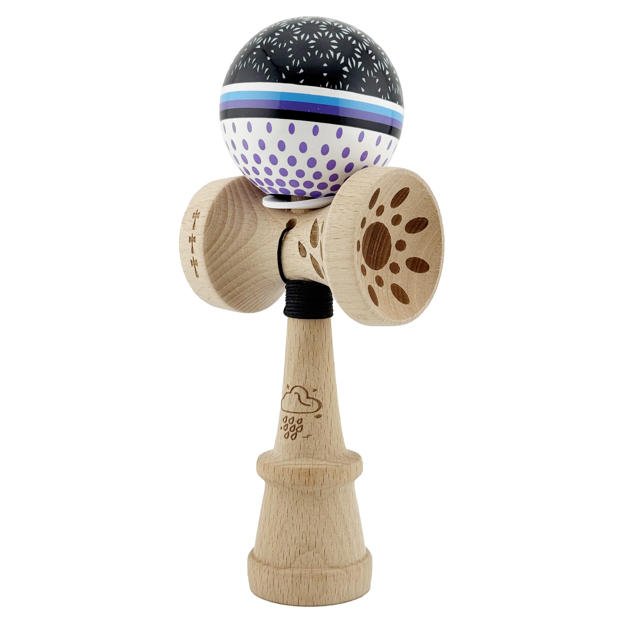 Kendama X Originala, Profesionala, Flippy, RAINDROPS, Super Sticky cu Cupe Mari KING SIZE V3, Gaura in Baza, Rulment Metalic, din lemn 18 cm, Ata 62/65 cm, Alb/Negru/Mov