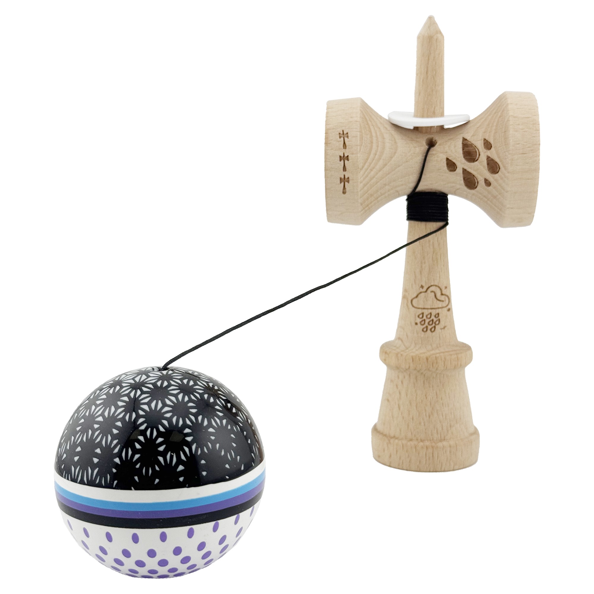 Kendama X Originala, Profesionala, Flippy, RAINDROPS, Super Sticky cu Cupe Mari KING SIZE V3, Gaura in Baza, Rulment Metalic, din lemn 18 cm, Ata 62/65 cm, Alb/Negru/Mov