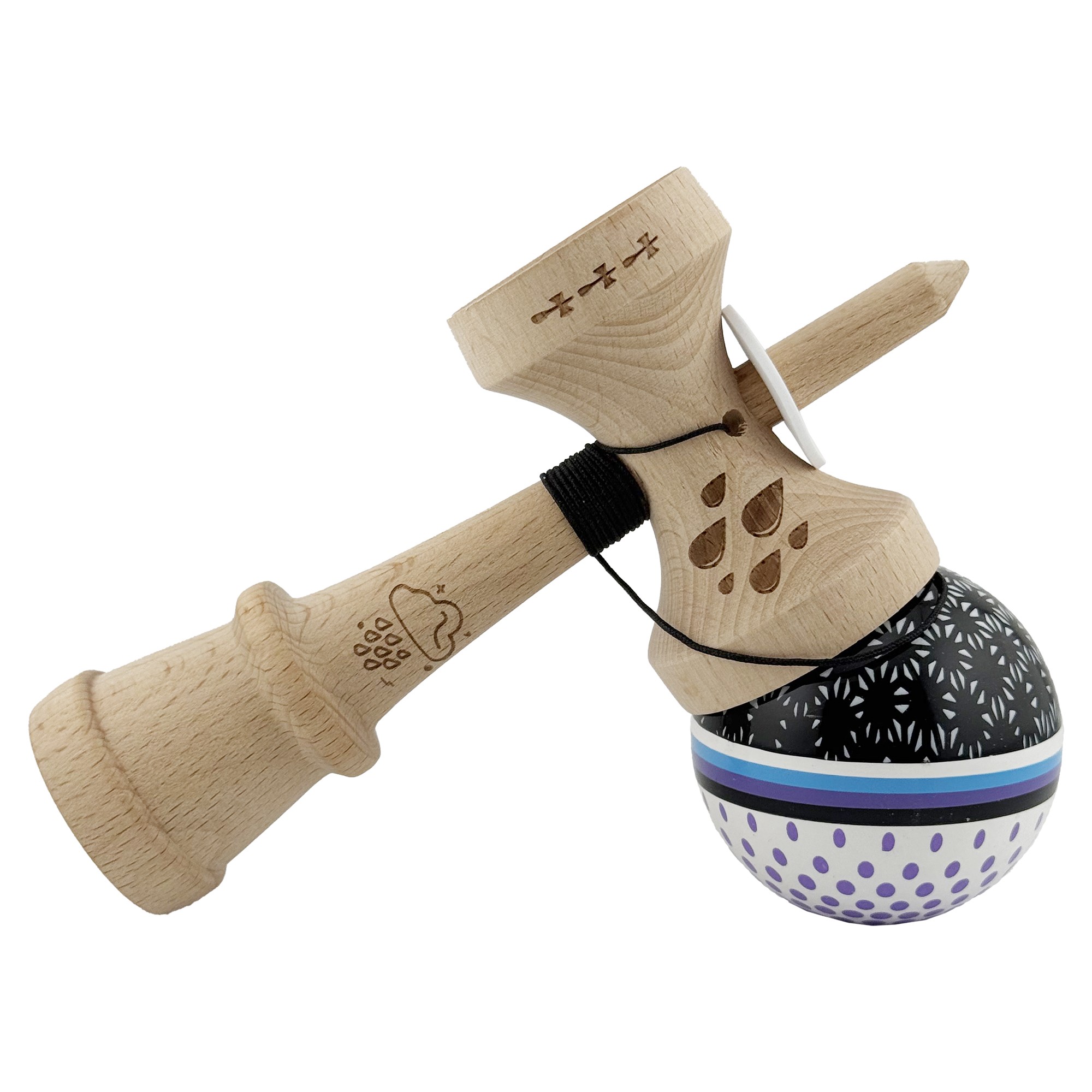 Kendama X Originala, Profesionala, Flippy, RAINDROPS, Super Sticky cu Cupe Mari KING SIZE V3, Gaura in Baza, Rulment Metalic, din lemn 18 cm, Ata 62/65 cm, Alb/Negru/Mov