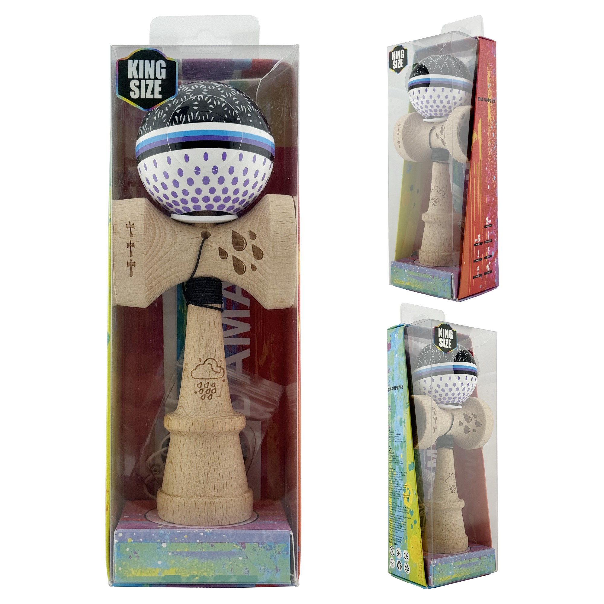Kendama X Originala, Profesionala, Flippy, RAINDROPS, Super Sticky cu Cupe Mari KING SIZE V3, Gaura in Baza, Rulment Metalic, din lemn 18 cm, Ata 62/65 cm, Alb/Negru/Mov