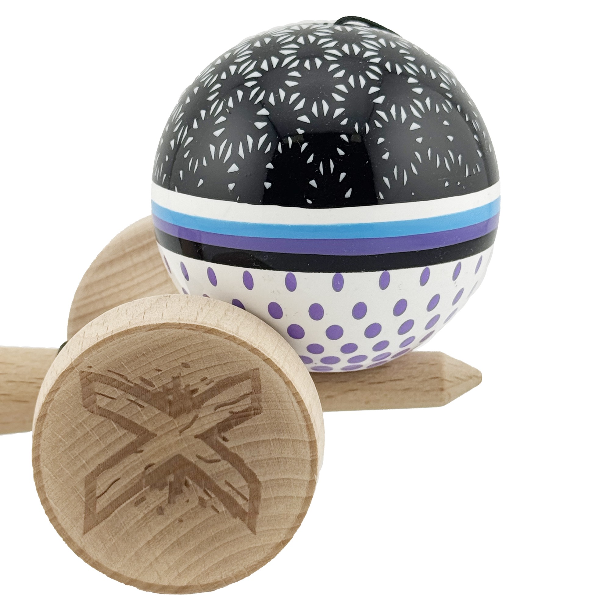 Kendama X Originala, Profesionala, Flippy, RAINDROPS, Super Sticky cu Cupe Mari KING SIZE V3, Gaura in Baza, Rulment Metalic, din lemn 18 cm, Ata 62/65 cm, Alb/Negru/Mov