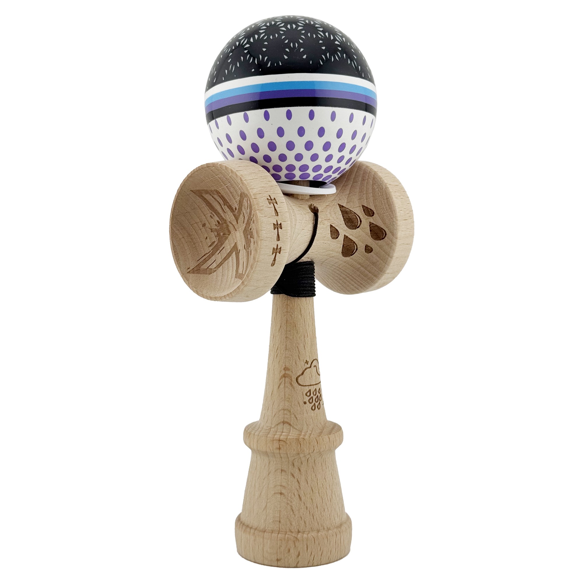 Kendama X Originala, Profesionala, Flippy, RAINDROPS, Super Sticky cu Cupe Mari KING SIZE V3, Gaura in Baza, Rulment Metalic, din lemn 18 cm, Ata 62/65 cm, Alb/Negru/Mov
