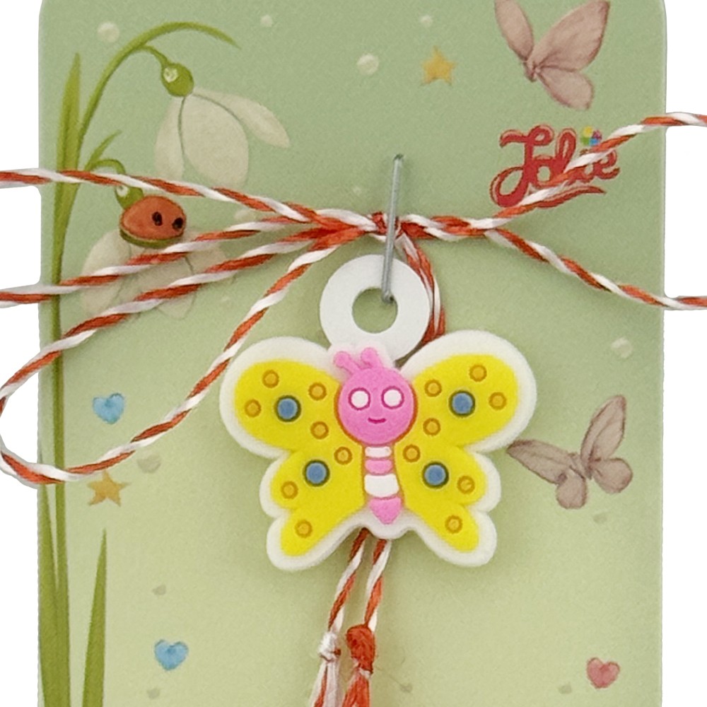 Martisor pentru Copii, Jolie, Model FLUTURE, din Cauciuc, cu Snur Impletit Alb/Rosu, Ambalaj Carton cu Design, Alb/Galben