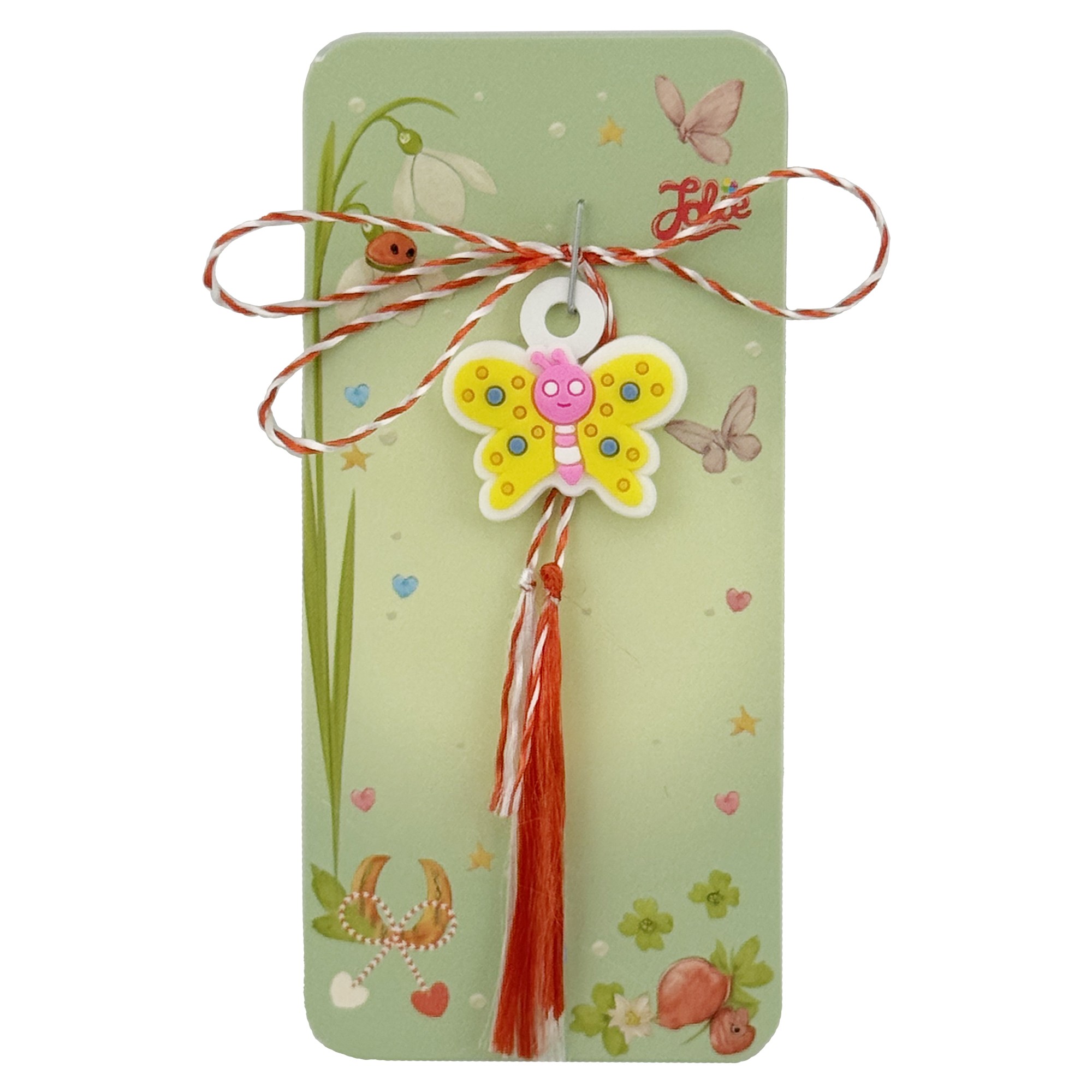 Martisor pentru Copii, Jolie, Model FLUTURE, din Cauciuc, cu Snur Impletit Alb/Rosu, Ambalaj Carton cu Design, Alb/Galben