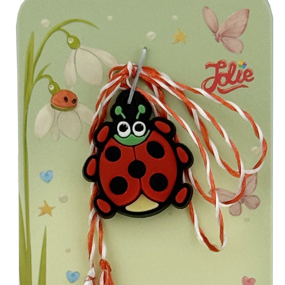 Martisor pentru Copii, Jolie, Model BUBURUZA, din Cauciuc, cu Snur Impletit Alb/Rosu, Ambalaj Carton cu Design, Rosu