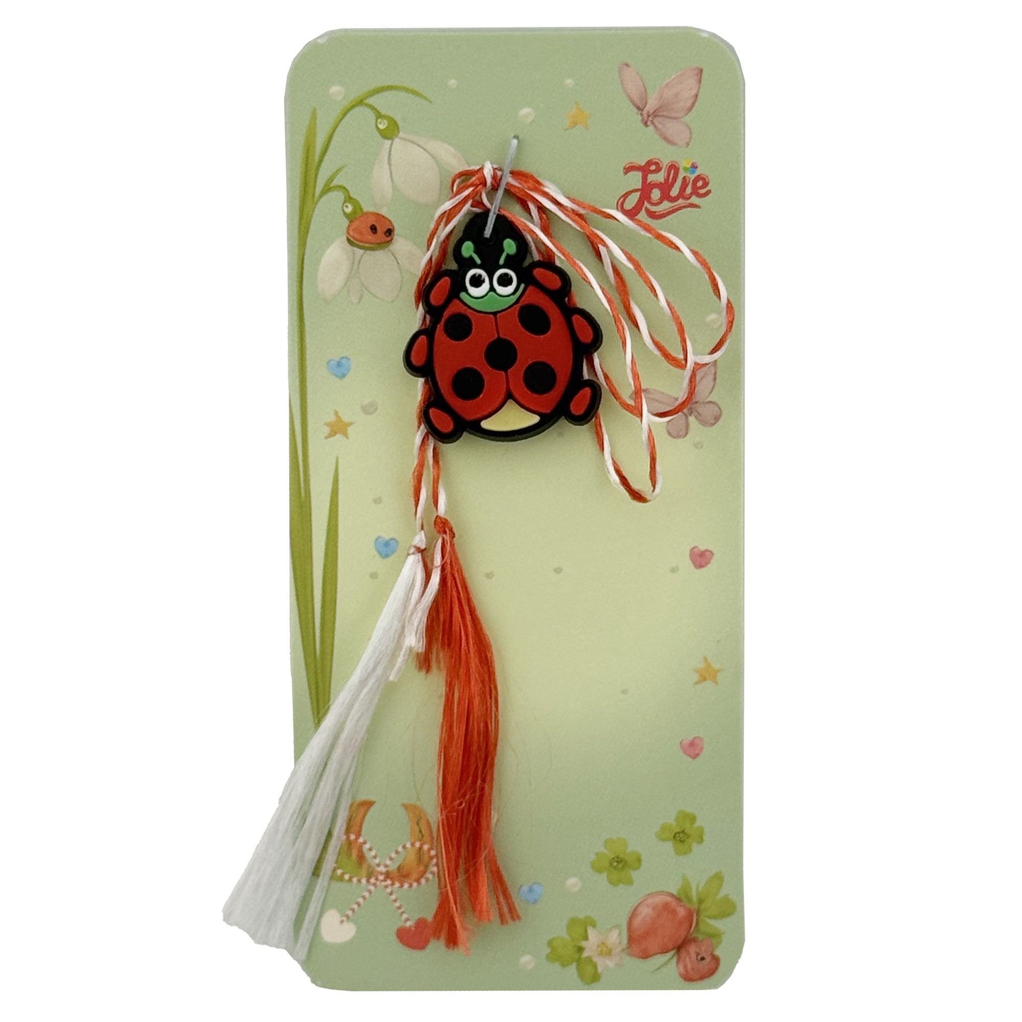 Martisor pentru Copii, Jolie, Model BUBURUZA, din Cauciuc, cu Snur Impletit Alb/Rosu, Ambalaj Carton cu Design, Rosu