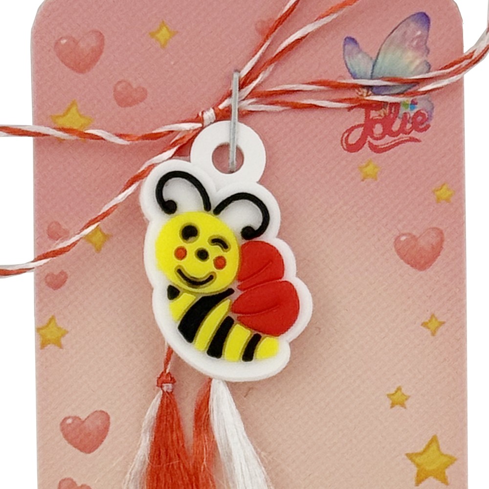 Martisor pentru Copii, Jolie, Model ALBINUTA, din Cauciuc, cu Snur Impletit Alb/Rosu, Ambalaj Carton cu Design, Galben