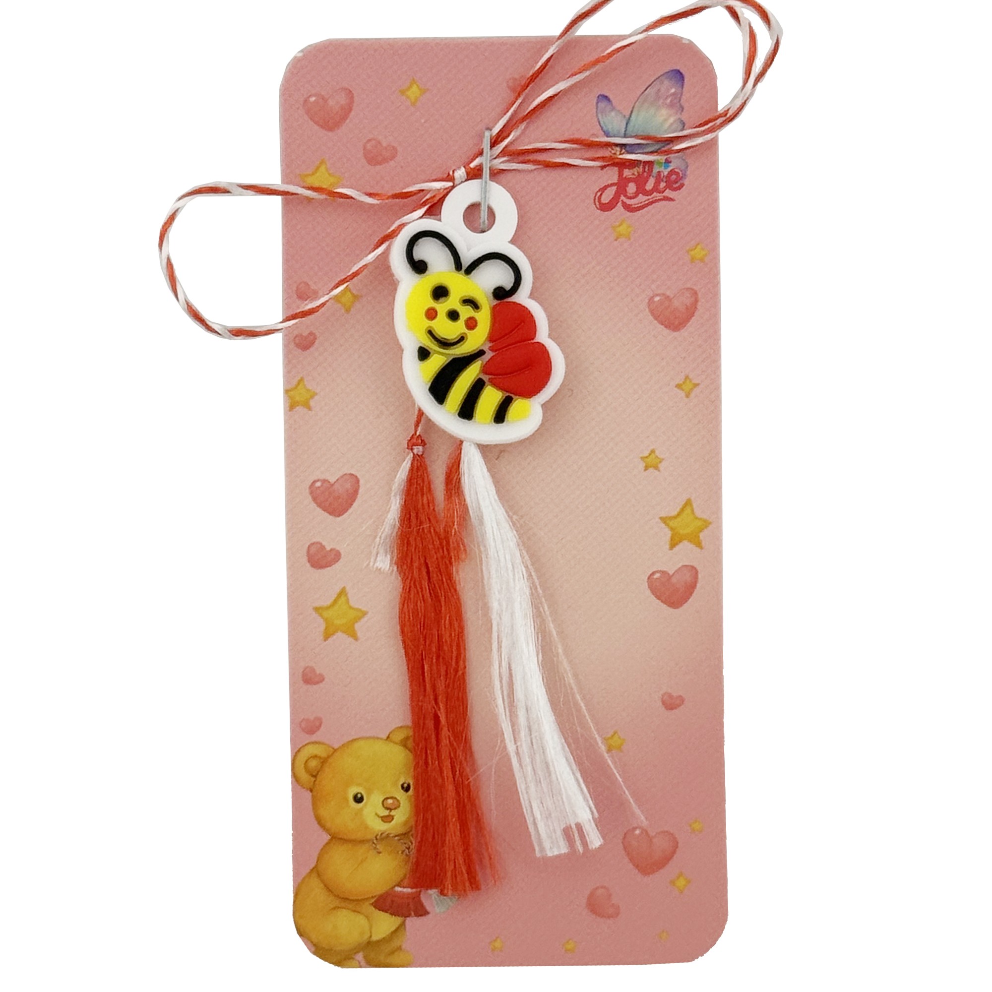 Martisor pentru Copii, Jolie, Model ALBINUTA, din Cauciuc, cu Snur Impletit Alb/Rosu, Ambalaj Carton cu Design, Galben