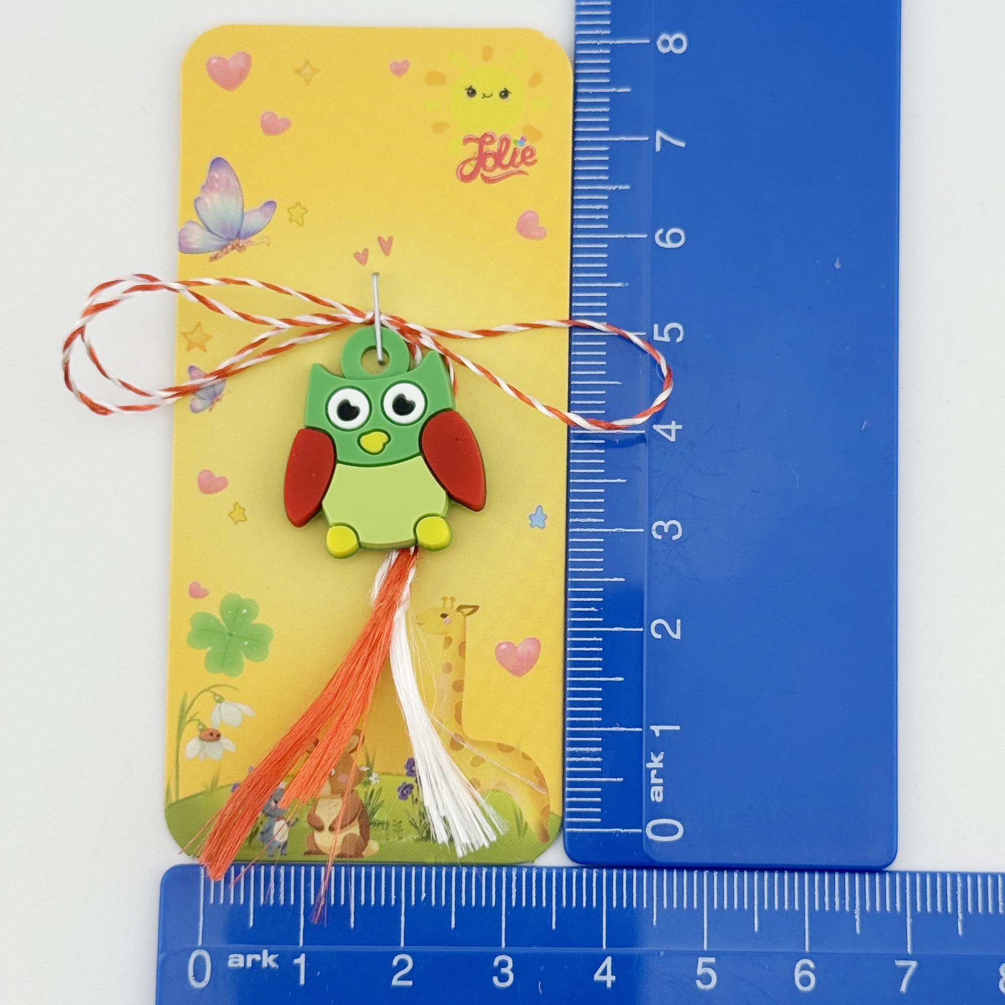 Martisor pentru Copii, Jolie, Model Bufnita, din Cauciuc, cu Snur Impletit Alb/Rosu, Ambalaj Carton cu Design, Verde