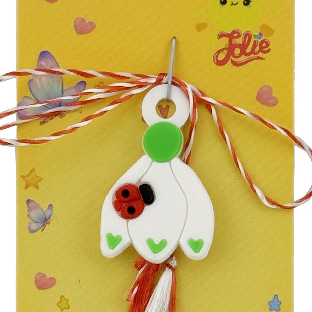 Martisor pentru Copii, Jolie, Model GHIOCEL cu BUBURUZA, din Cauciuc, cu Snur Impletit Alb/Rosu, Ambalaj Carton cu Design, Alb